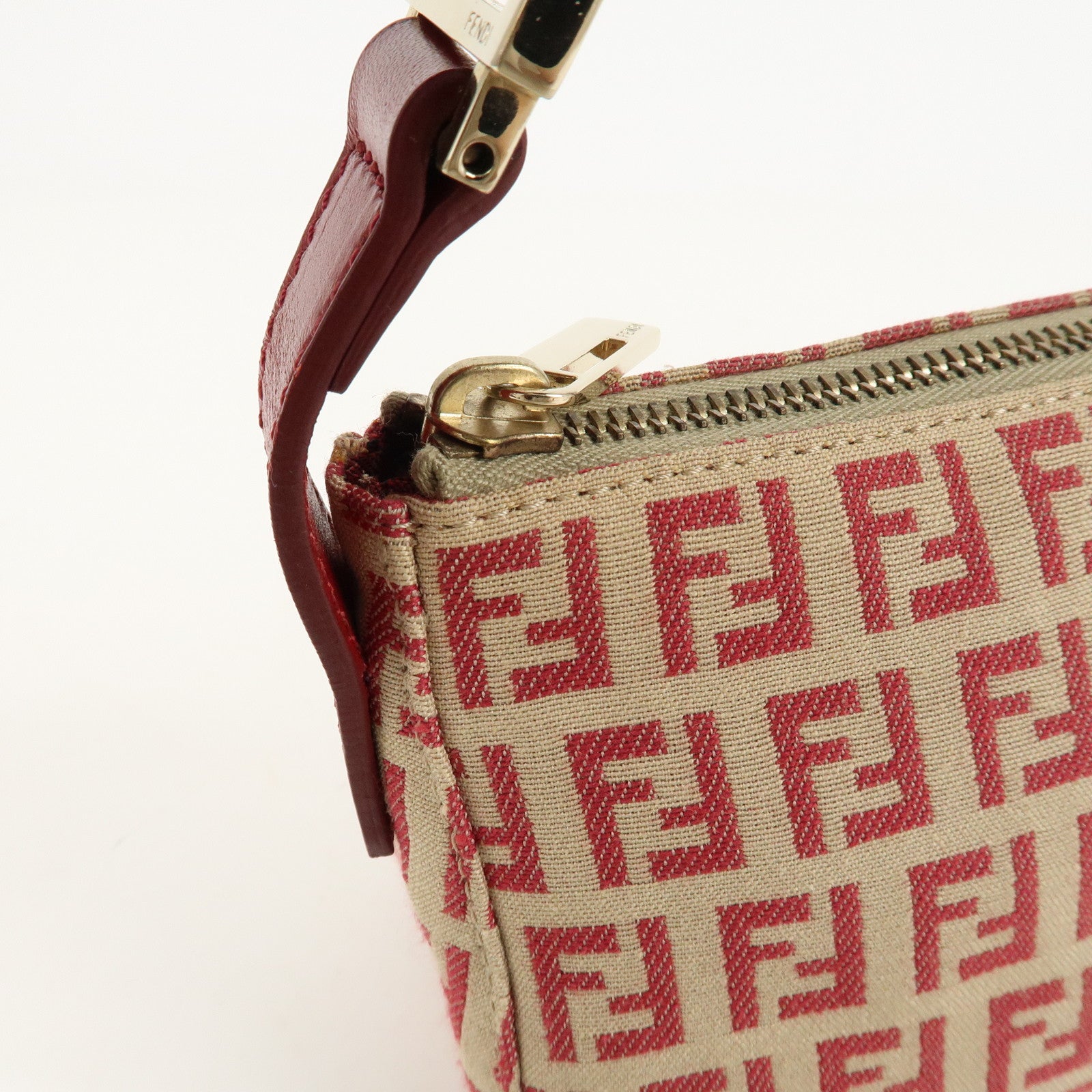 FENDI Zucchino Canvas Leather Semi-Shoulder Bag Beige Red 8BR443