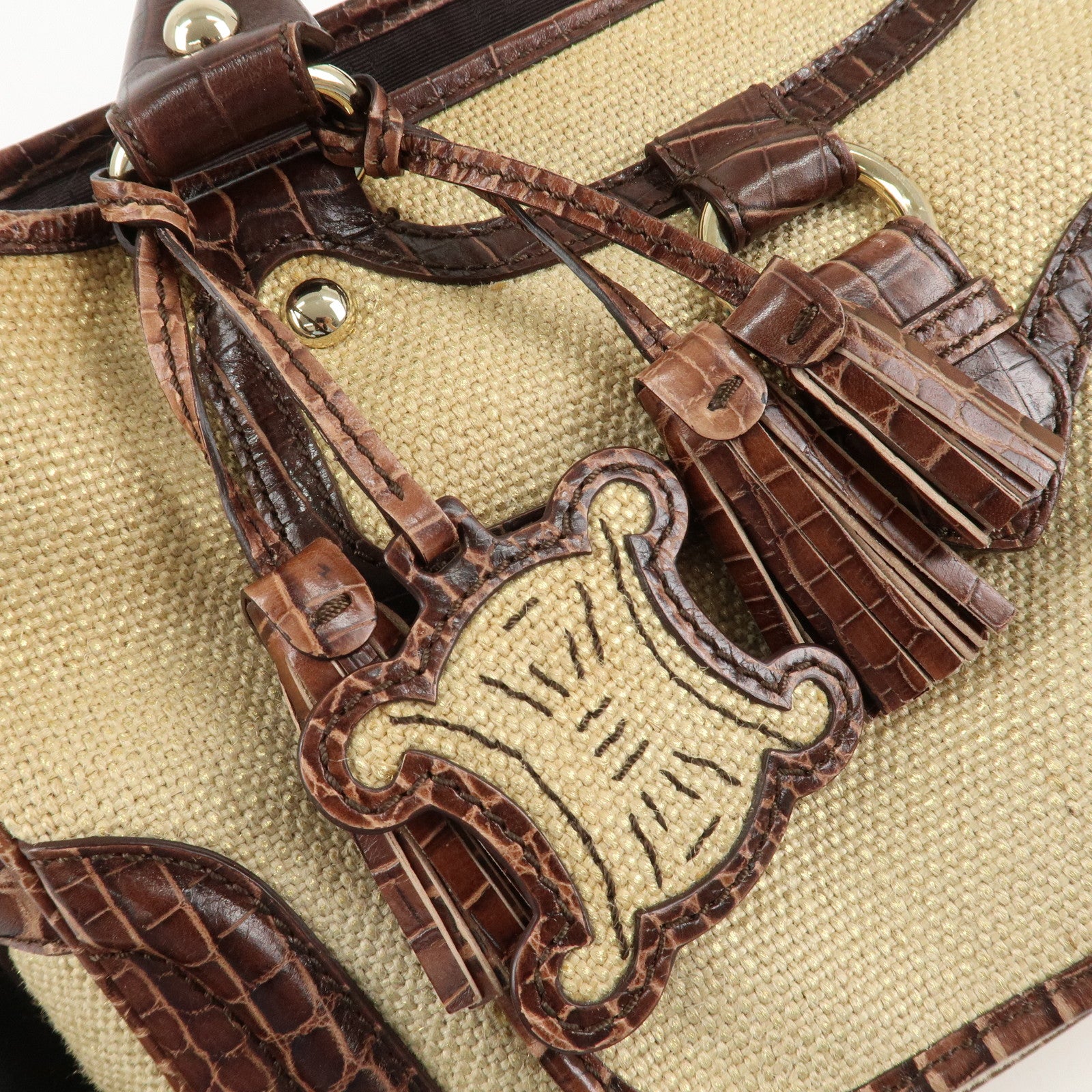 CELINE Straw Leather Boogie Bag Hand Bag Beige Brown Gold HDW Used
