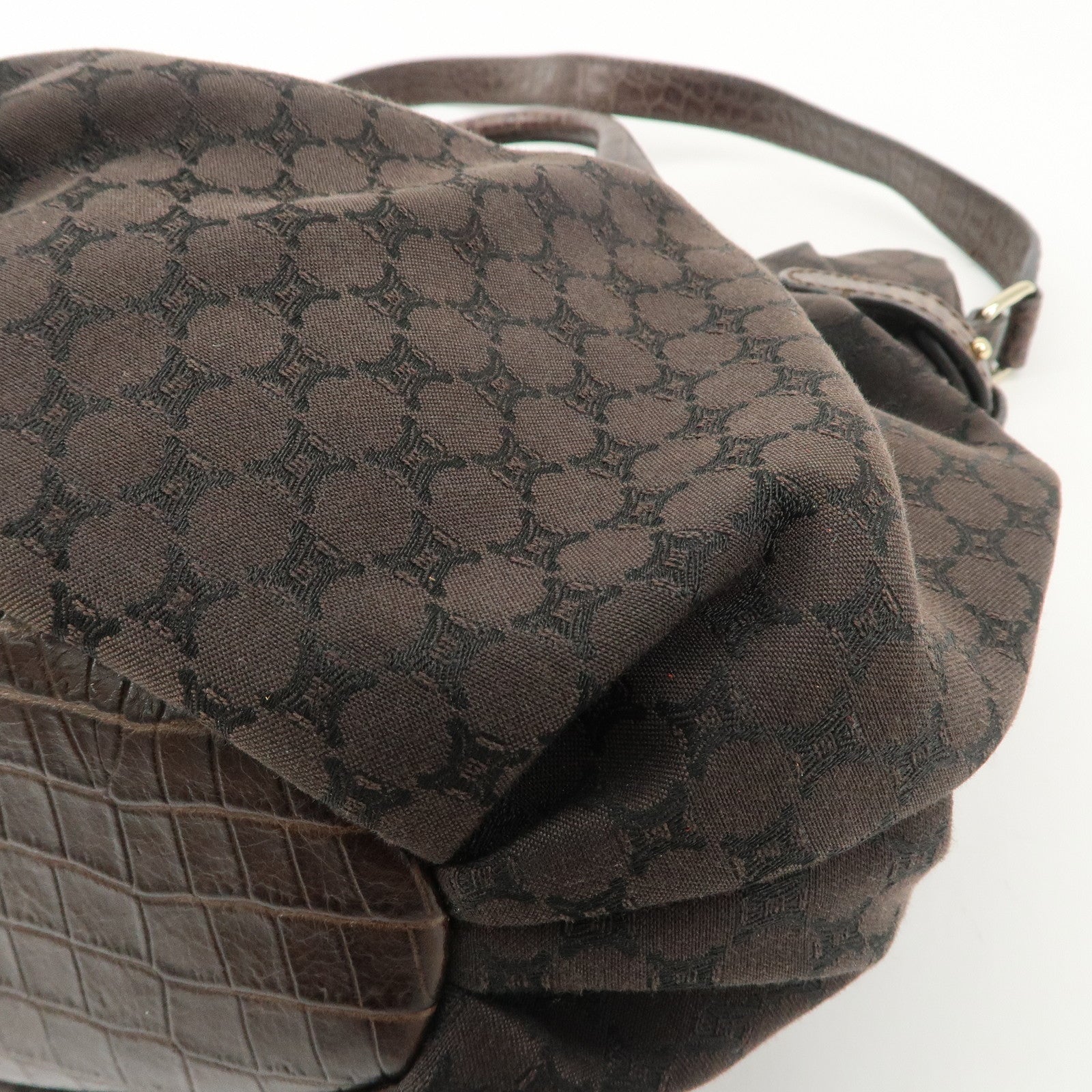 CELINE Macadam Canvas Leather 2Way Bag Gold Charm Dark Brown Used