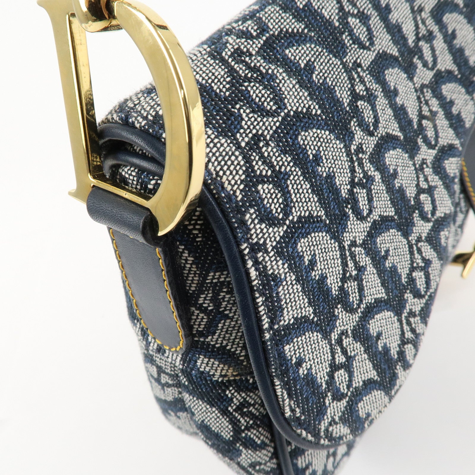 Christian Dior Trotter Jacquard Leather Saddle Shoulder Bag Navy Used