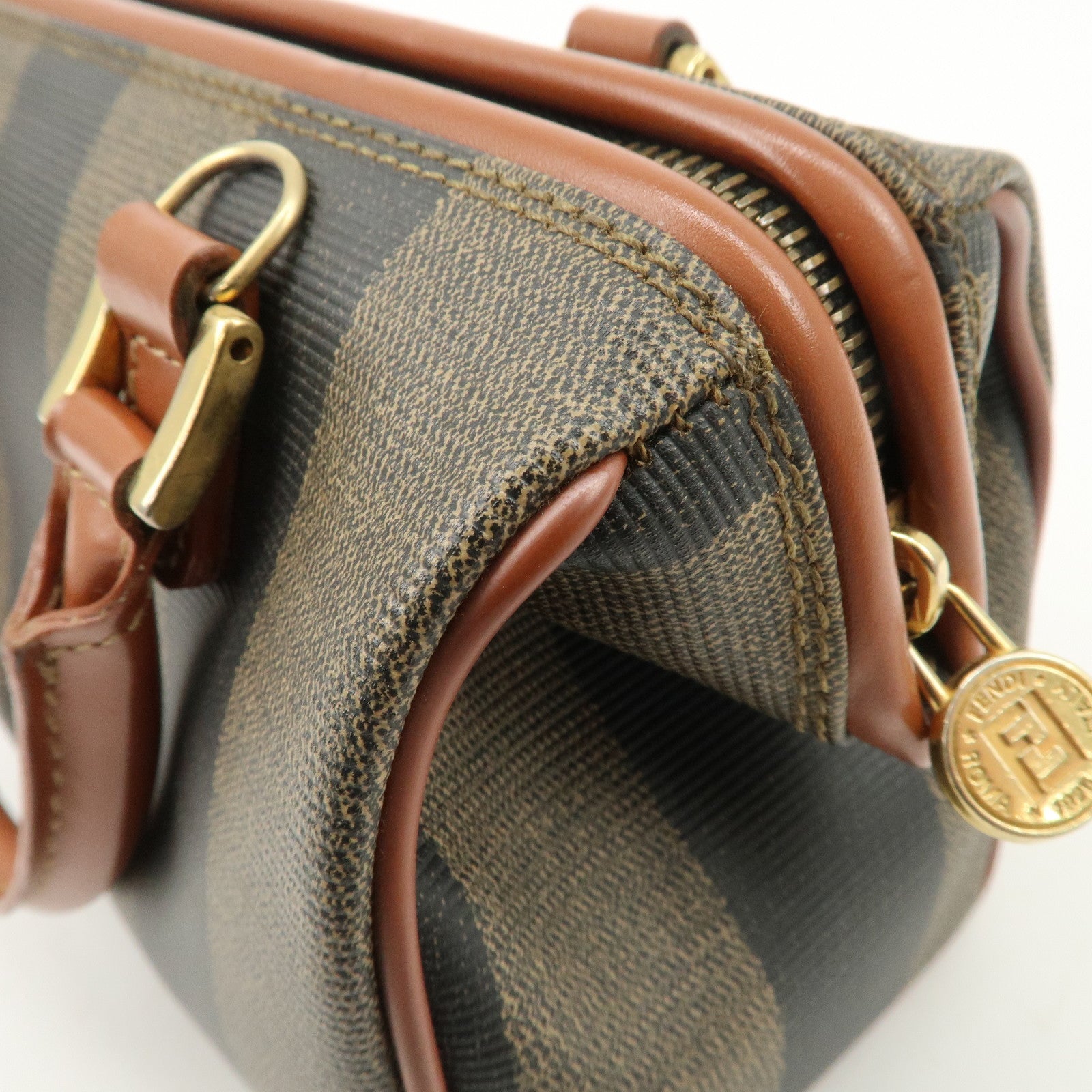 FENDI Pequin PVC Leather 2Way Mini Boston Bag Brown Black Used