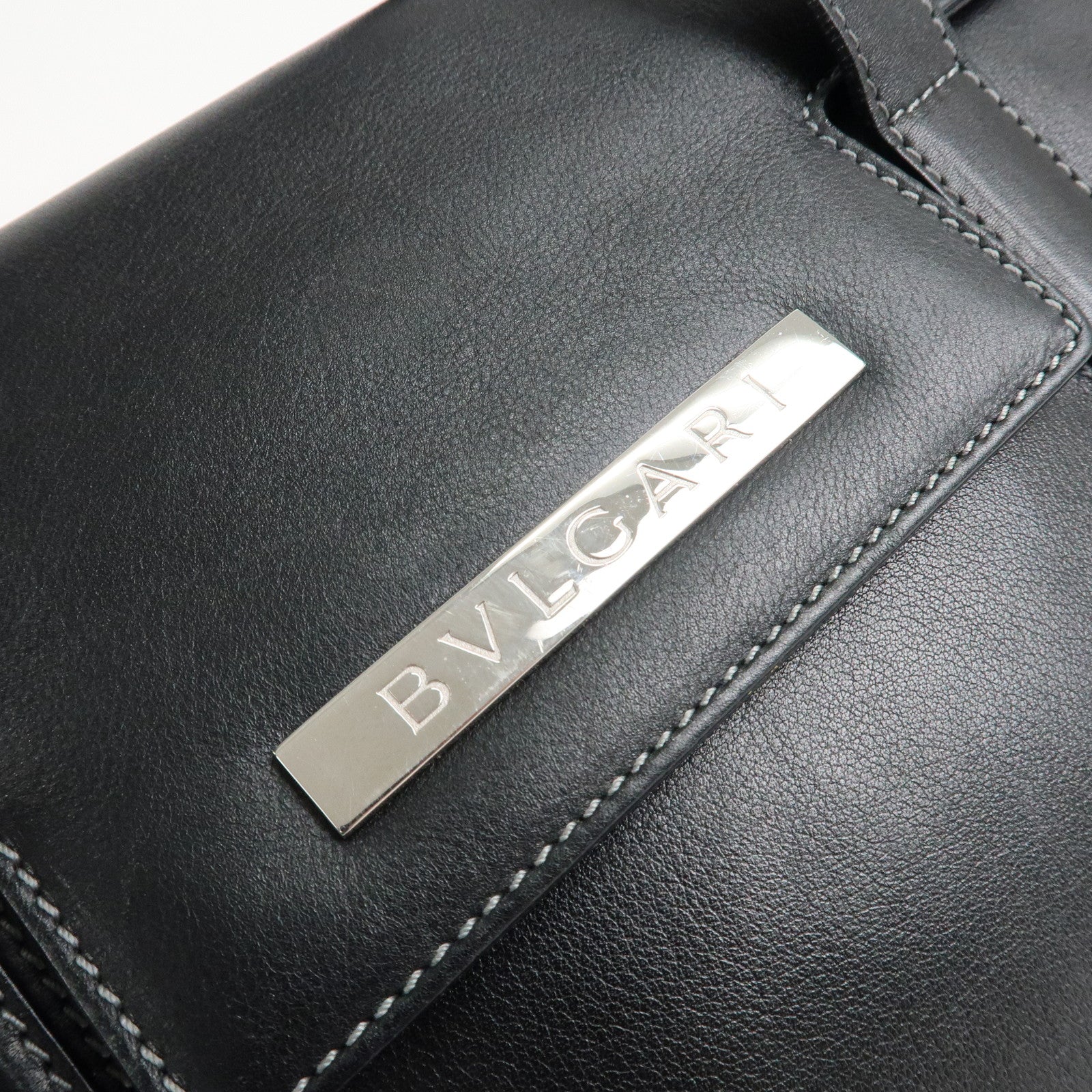 BVLGARI Leather Logo Shoulder Bag Hand Bag Black Silver HDW