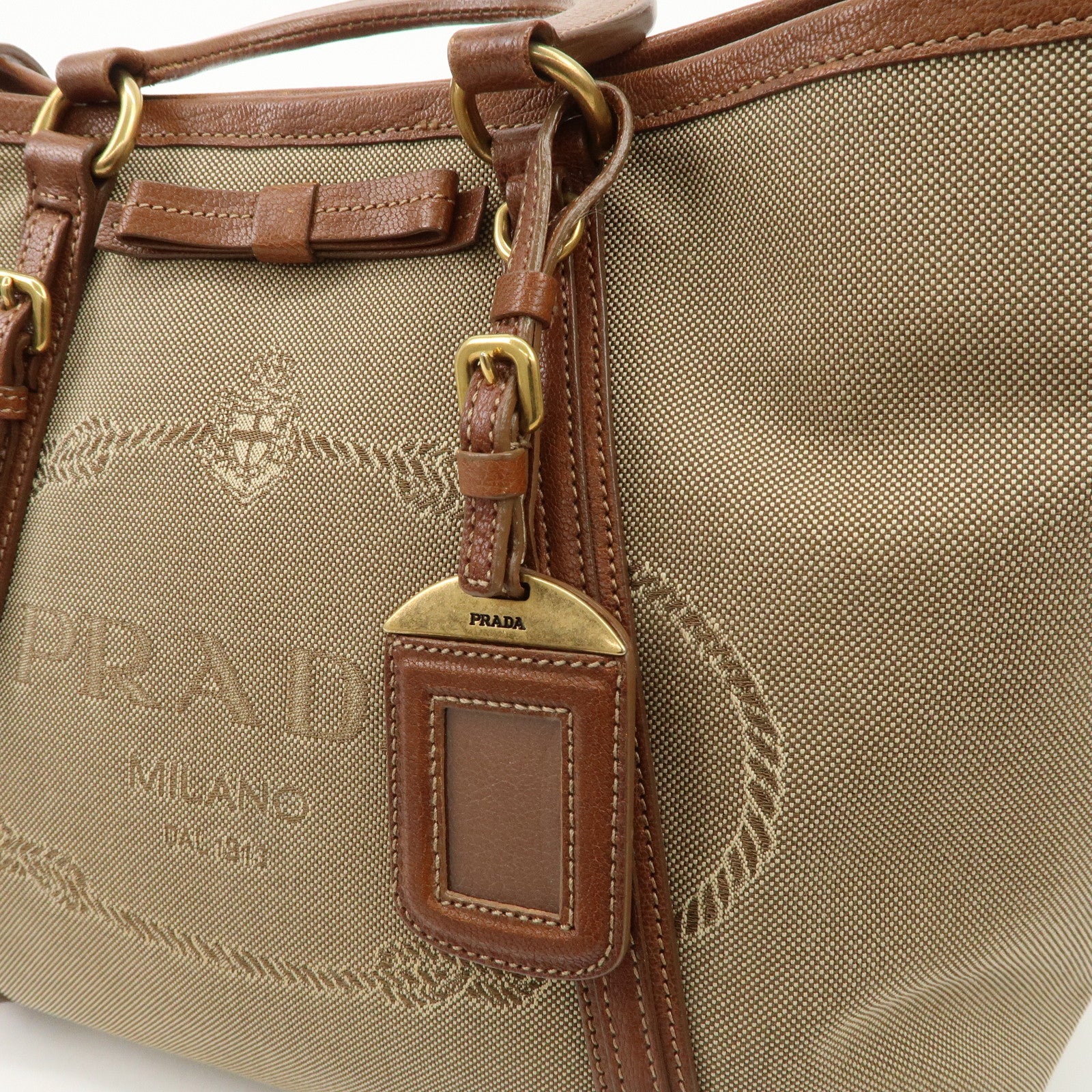 PRADA Logo Jaguard Leather 2way Hand Bag Shoulder Bag Beige Brown