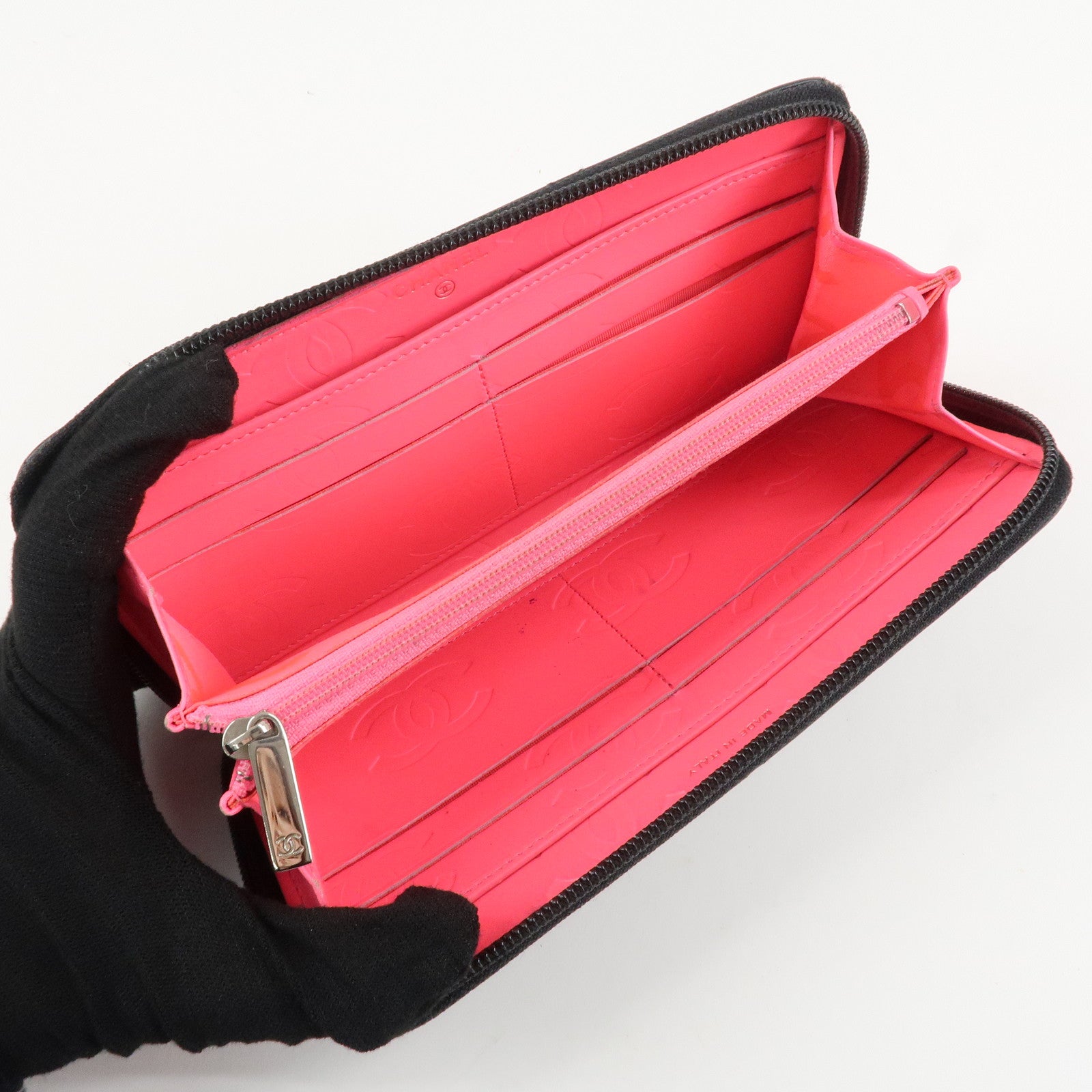 CHANEL Cambon Line Patent Leather Zip Around Long Wallet A50078 Used