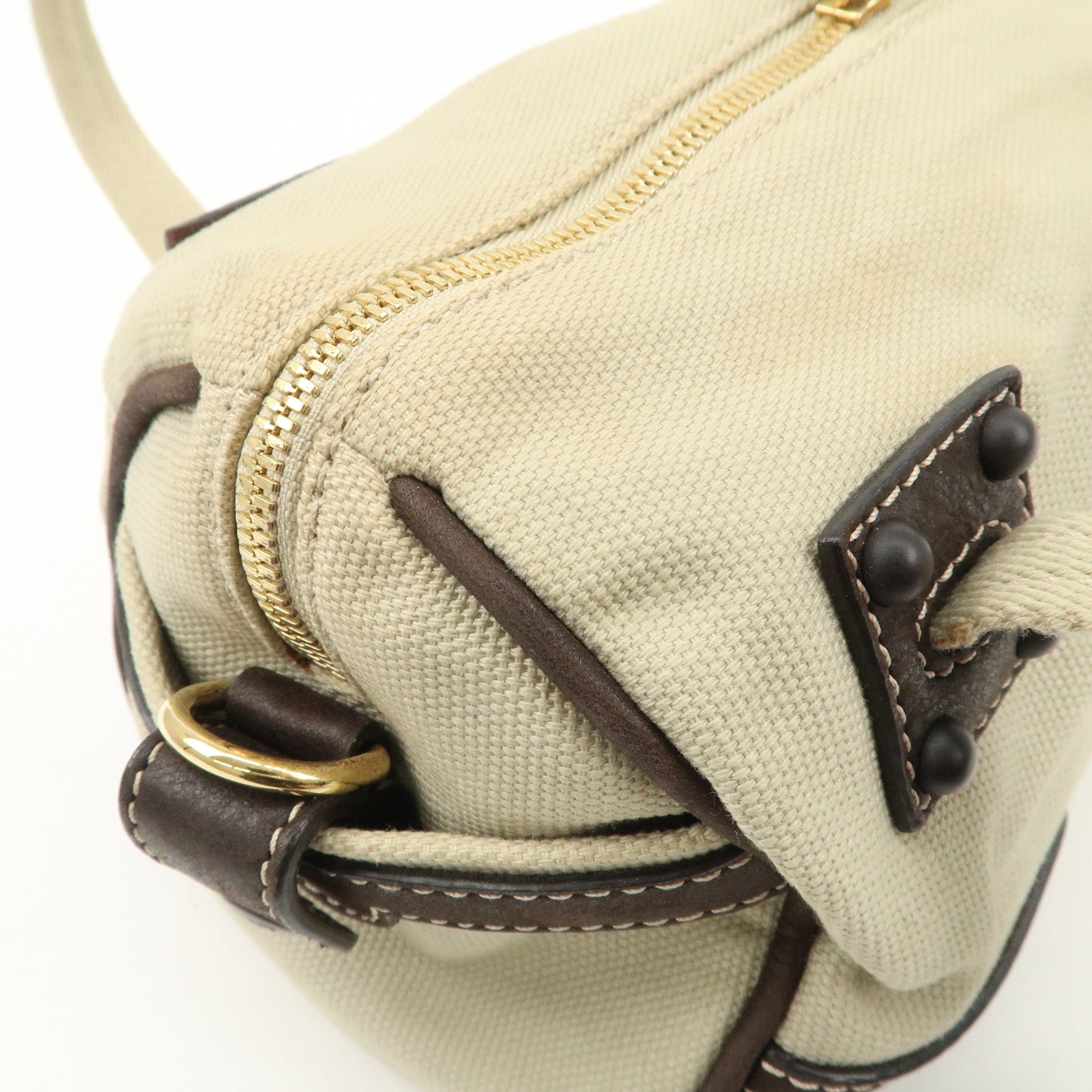 LOEWE Anagram Canvas Leather Mini Boston Bag Ivory Dark Brown Used