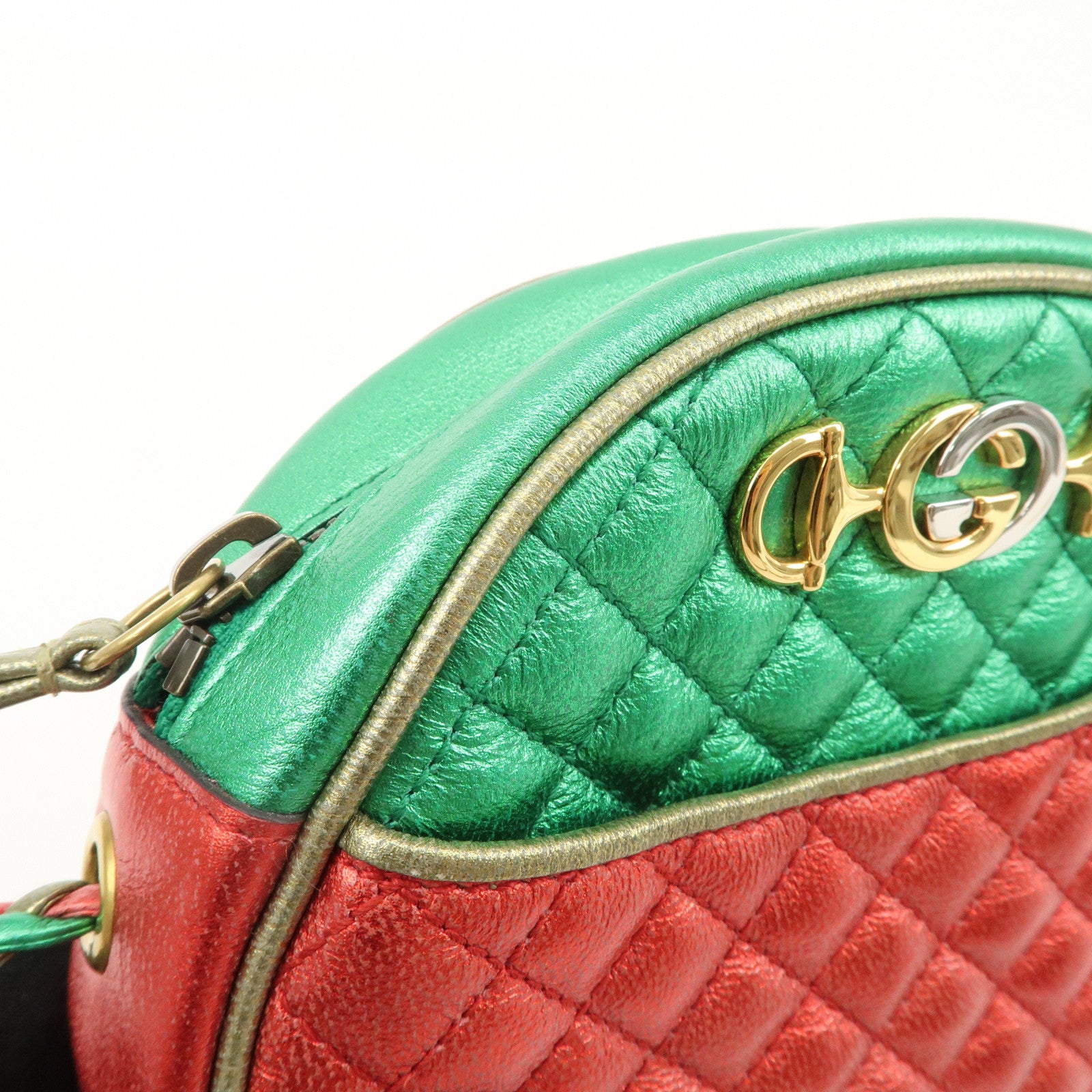 GUCCI Laminate Quilting Leather Shoulder Bag Green Red Gold 534951