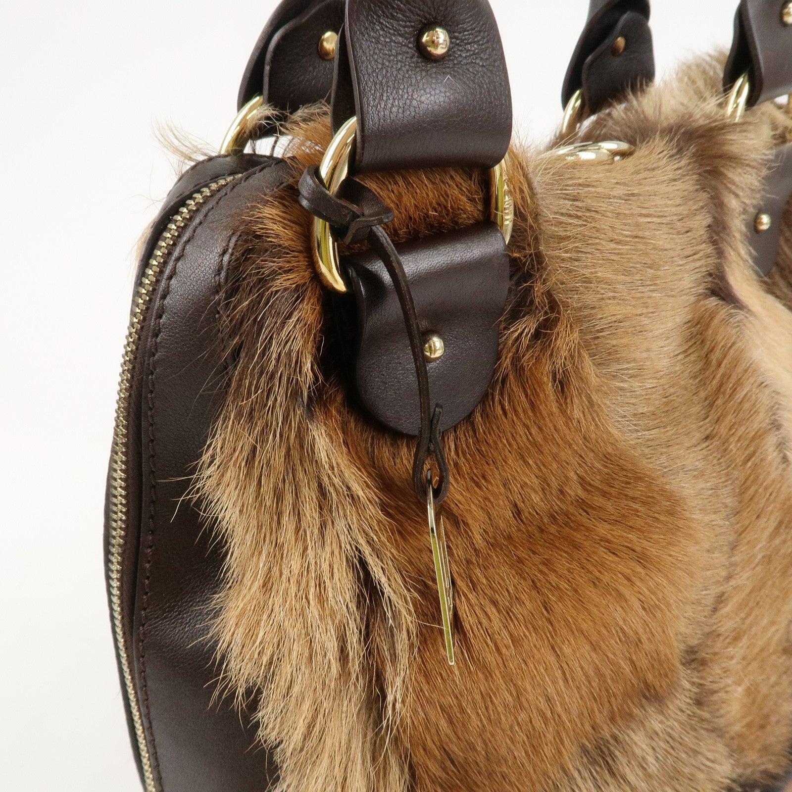 FENDI Fur Leather Tote Bag Hand Bag Shoulder Bag Brown 8BR286 Used