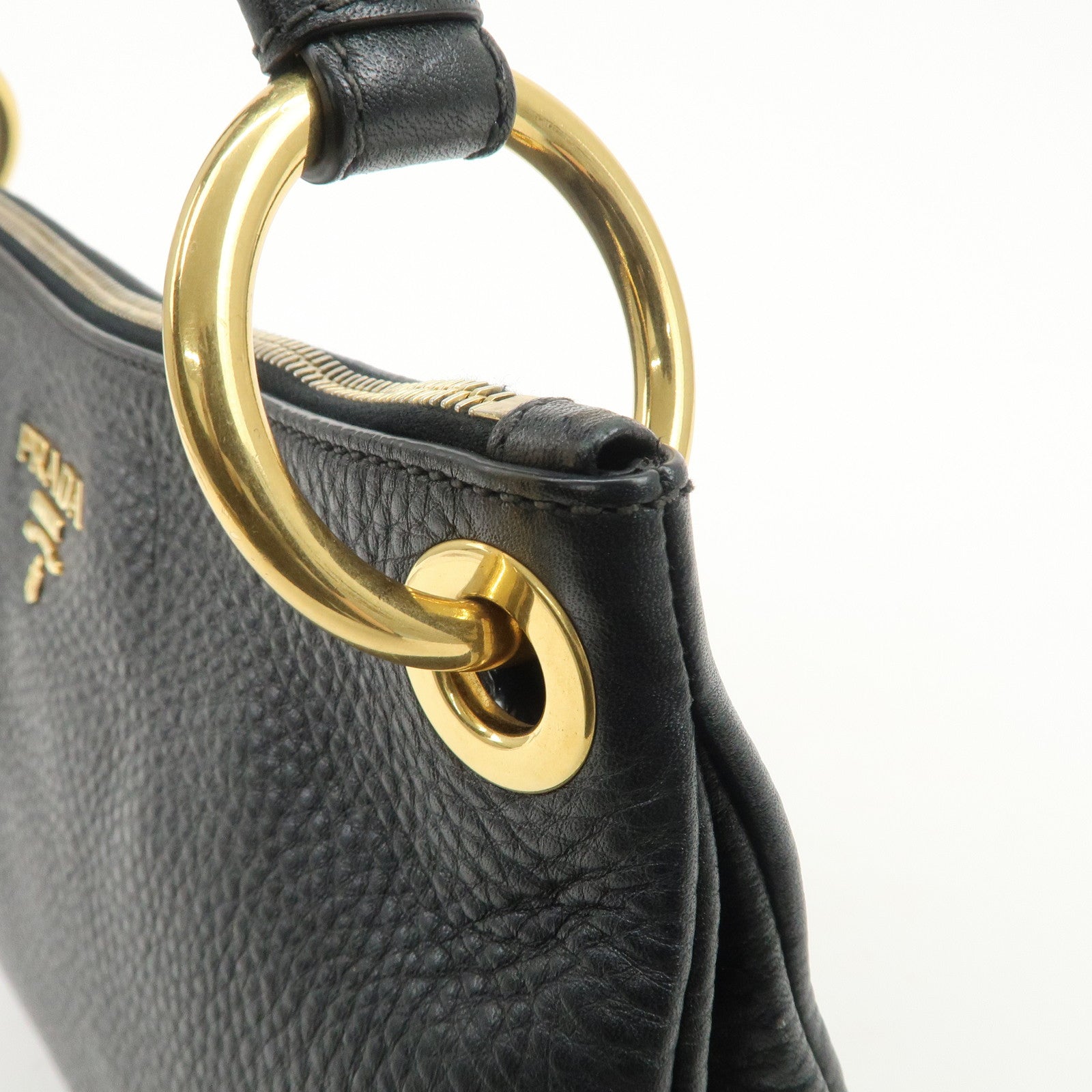 PRADA Logo Leather One-Shoulder Bag Hand Bag Black Gold Hardware Used