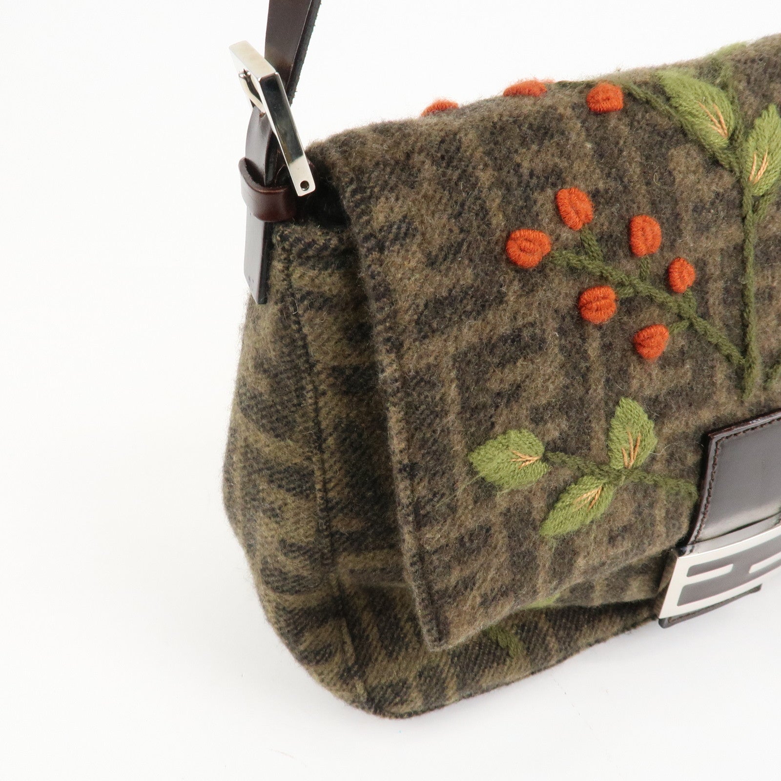 FENDI Mamma Baguette Zucca Wool Leather Shoulder Bag Flower Used