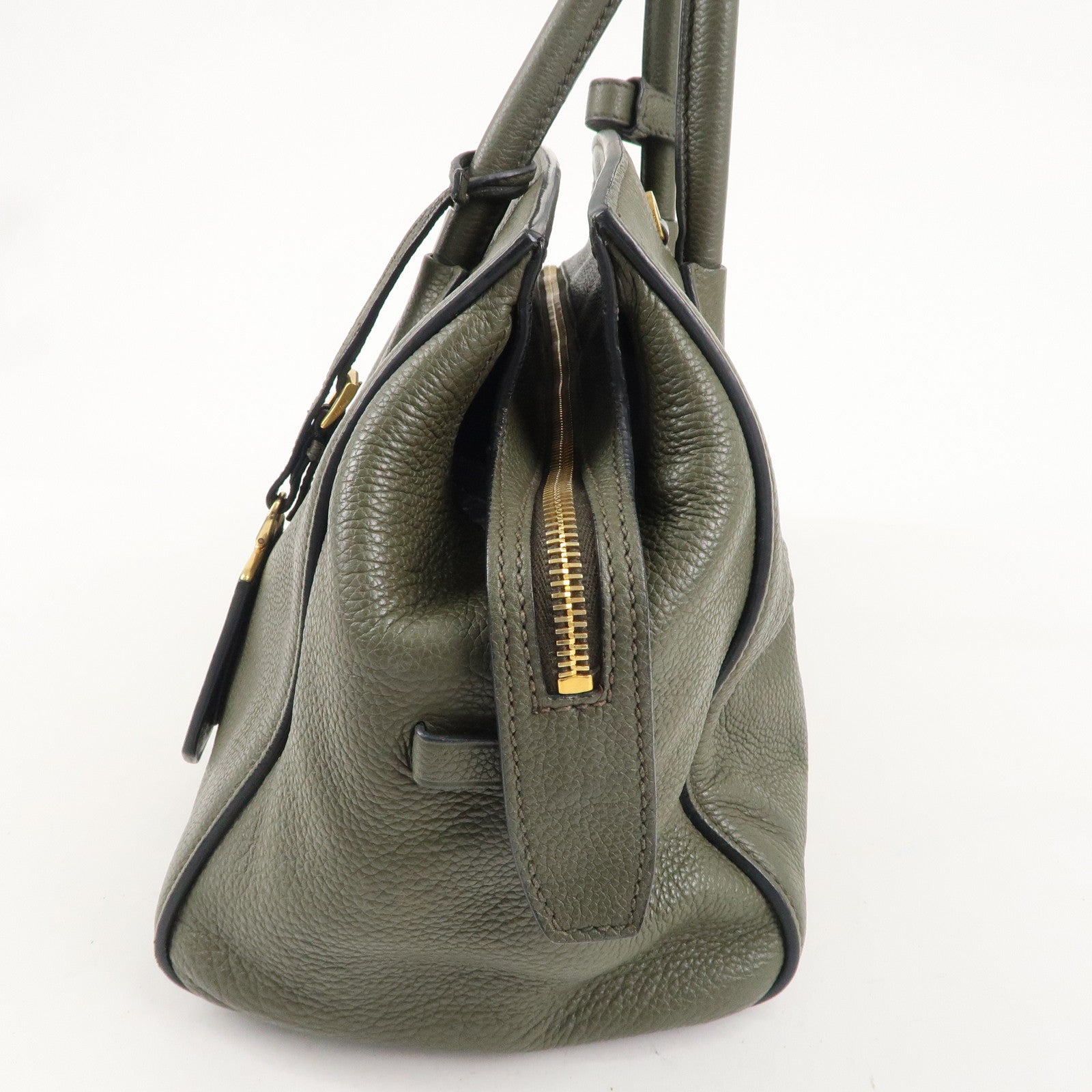 PRADA Logo Leather Hand Bag Shoulder Bag Khaki