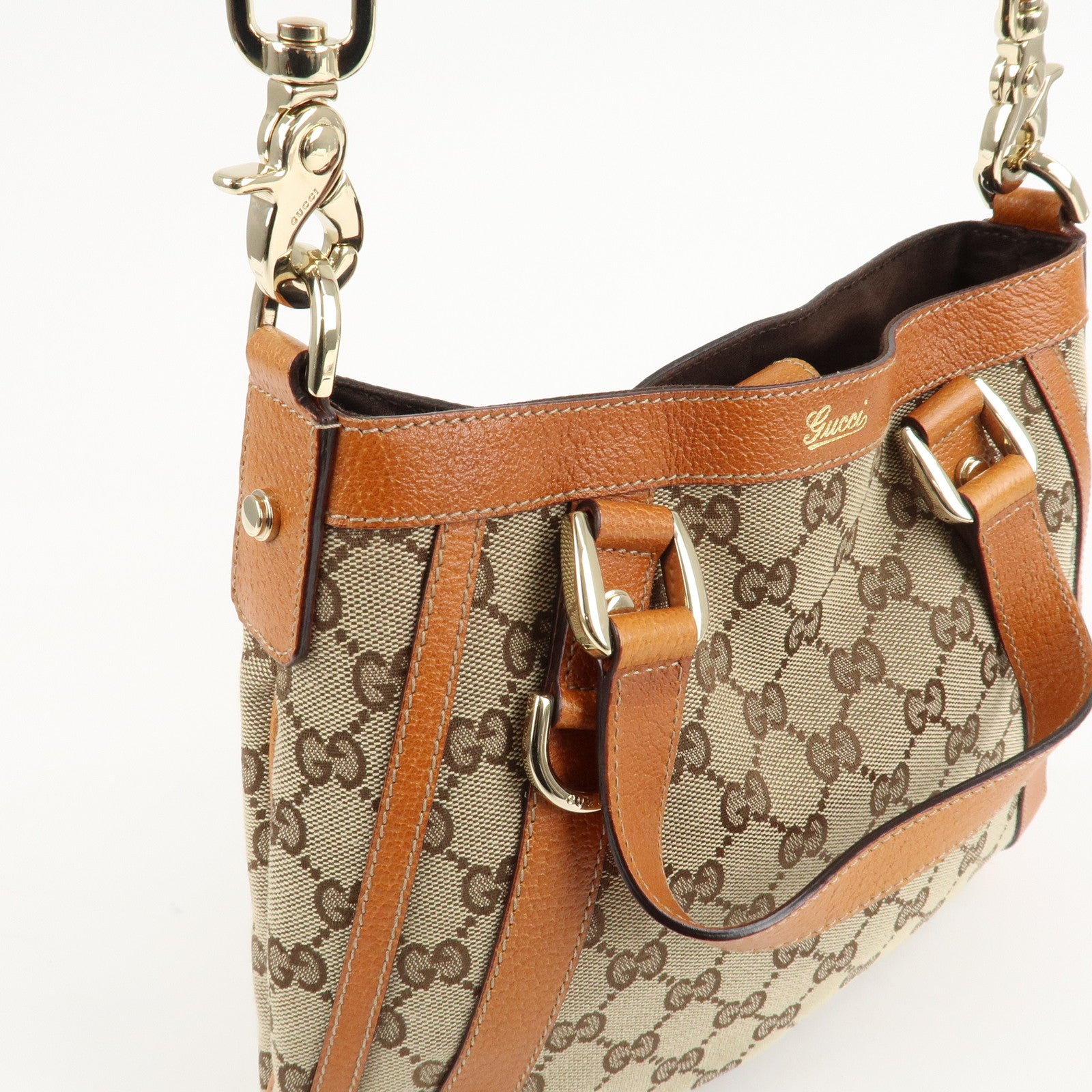 GUCCI GG Canvas Leather 2Way Shoulder Bag Beige Brown 146246