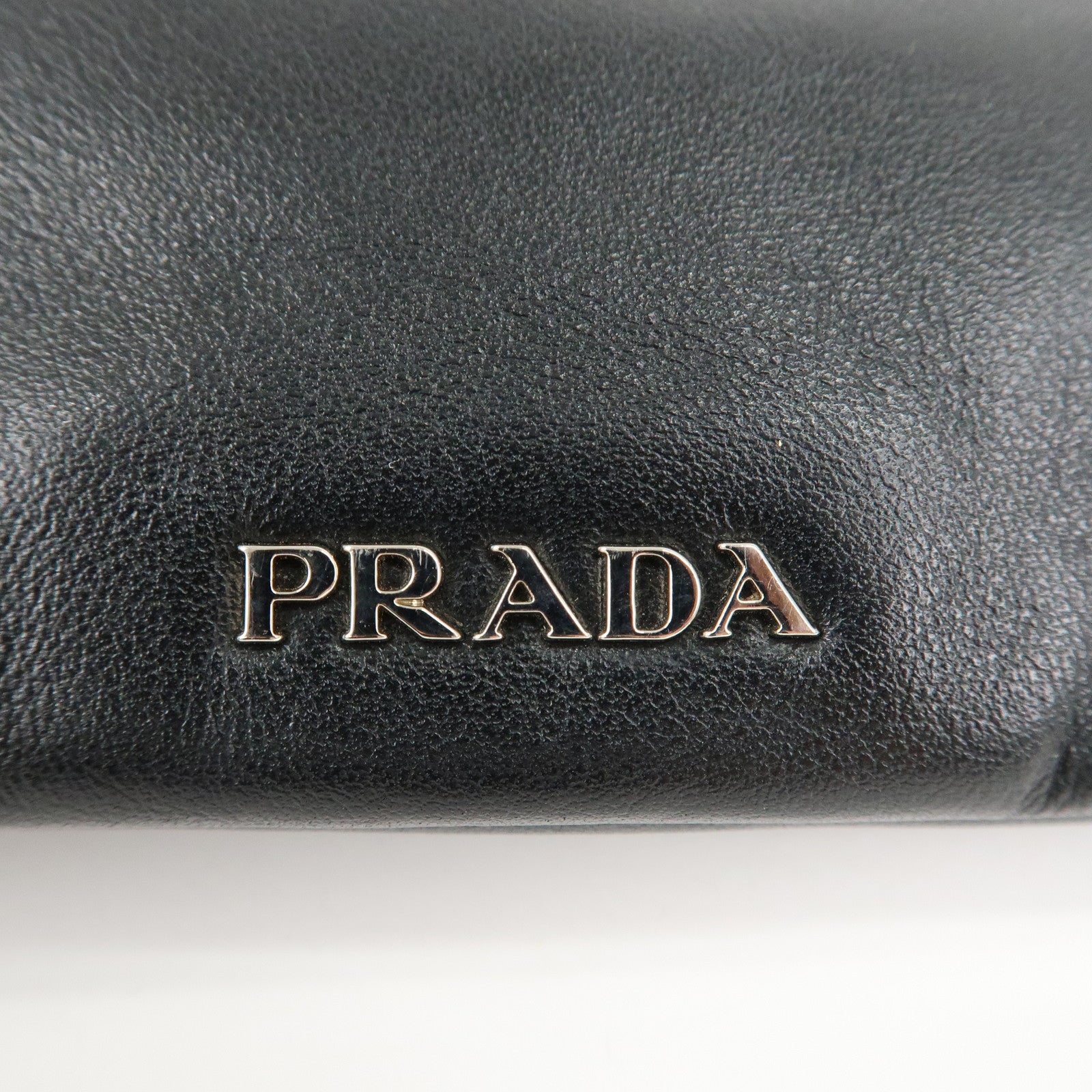 PRADA Logo Leather Line Stone Pouch Black Silver