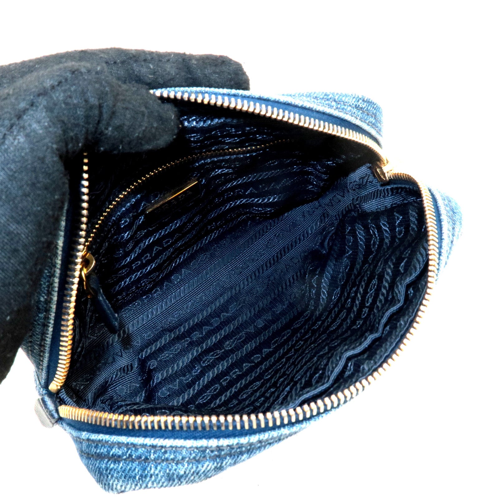 PRADA Logo Denim Cosmetic Pouch Blue