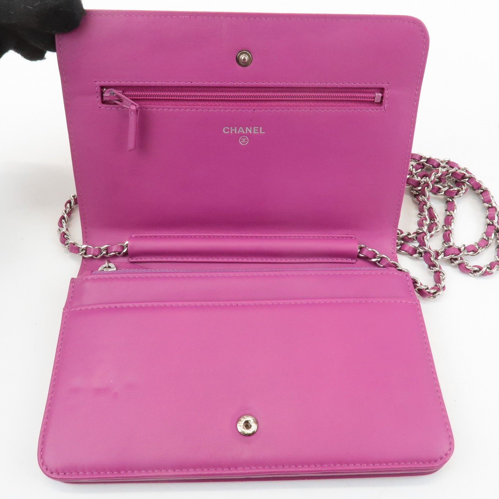 CHANEL COCO Mark Shevron Patent Leather V Stitch Chain Wallet Used