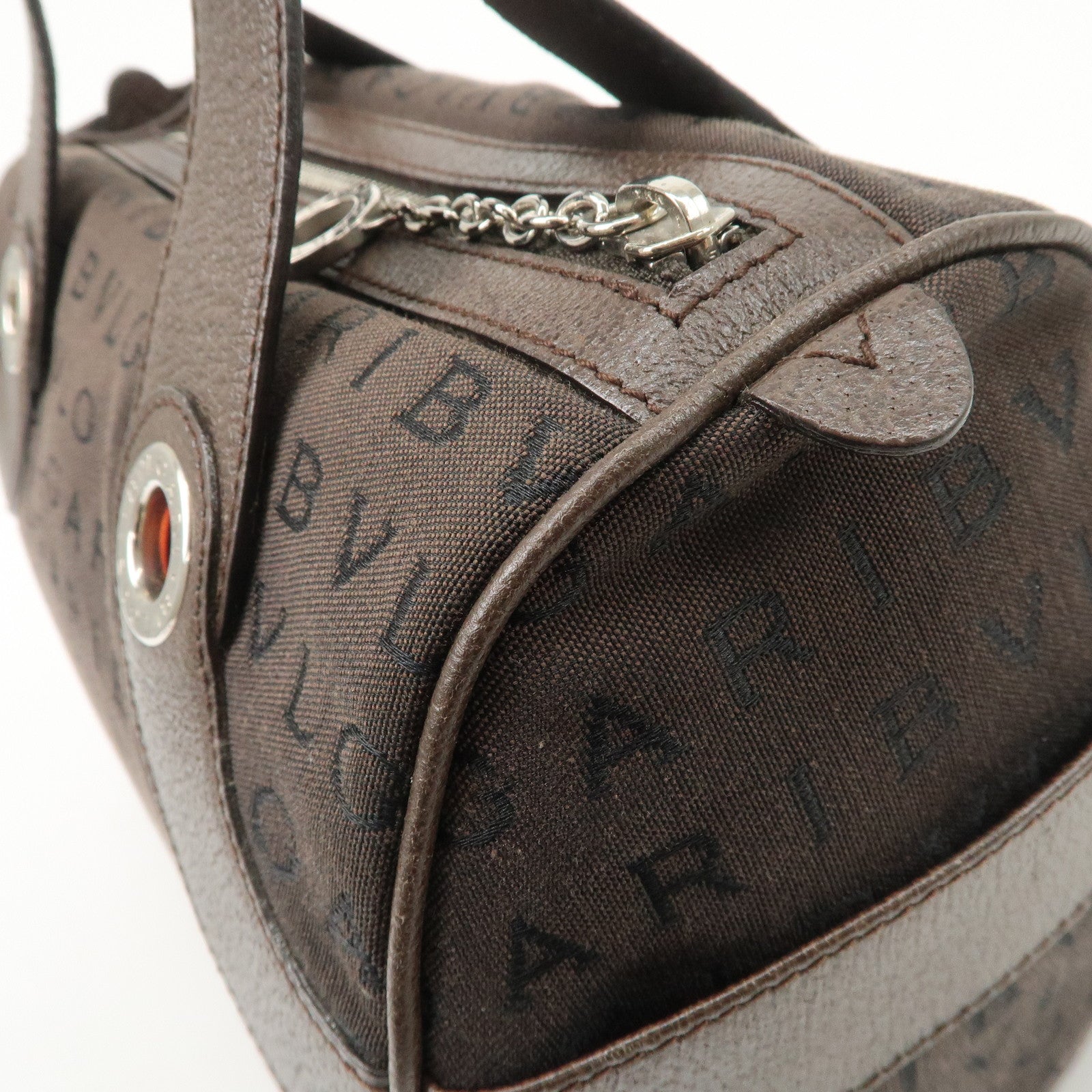 BVLGARI Logo Mania Canvas Leather Mini Boston Bag Dark Brown Used