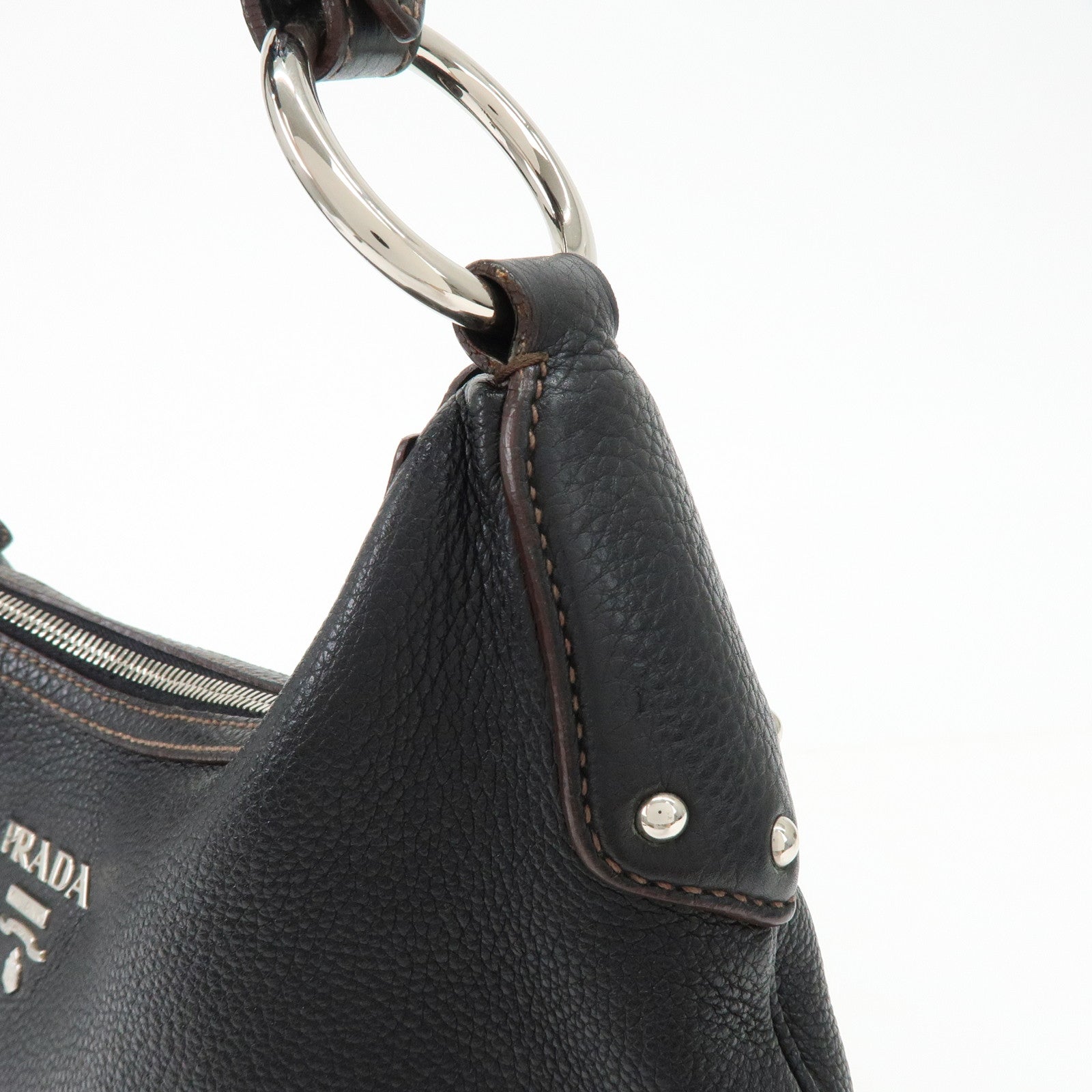 PRADA Logo Vitello Daino Leather Shoulder Bag Hand Bag Black BR3373