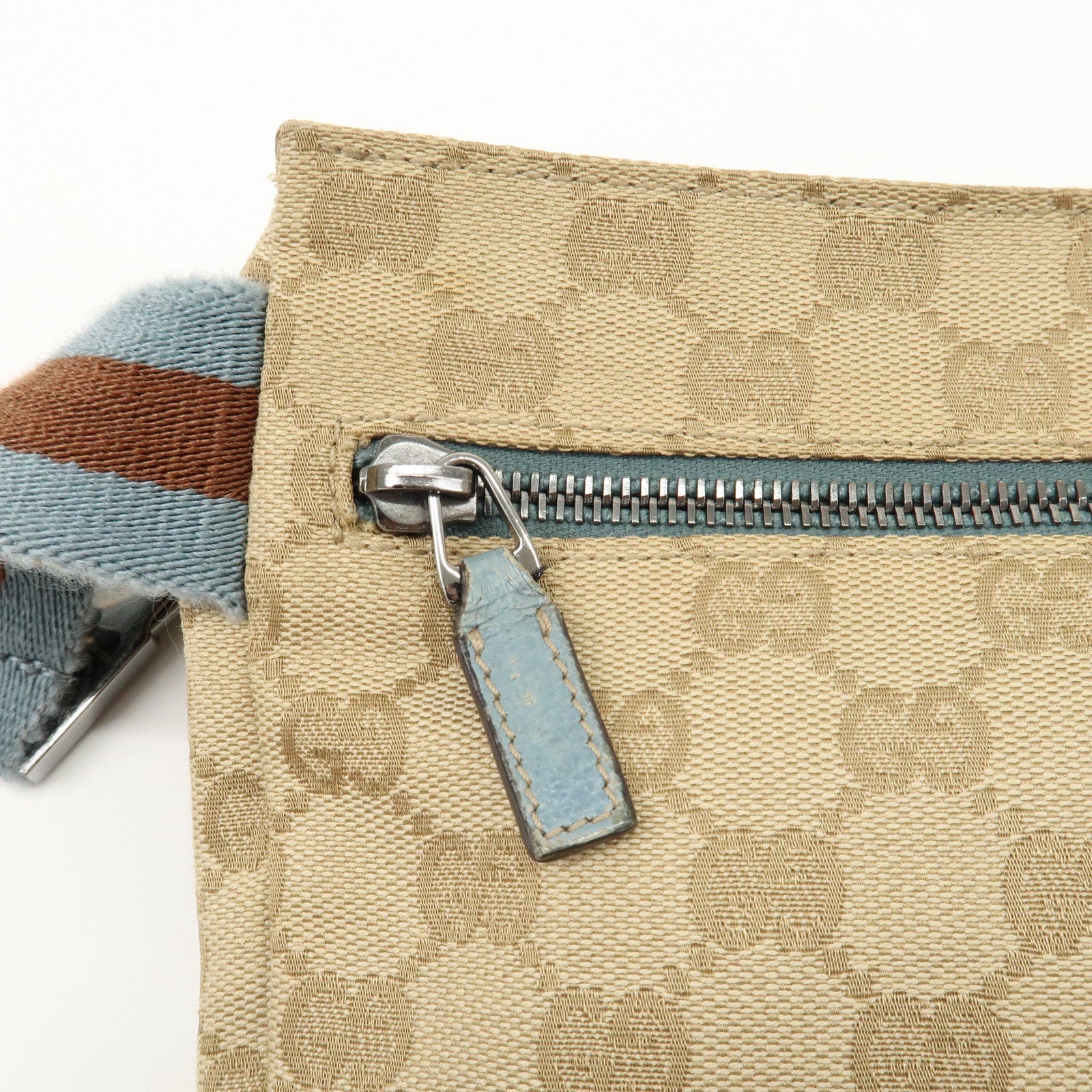 GUCCI GG Canvas Leather Waist Bag Crossbody Bag Beige Blue 28566