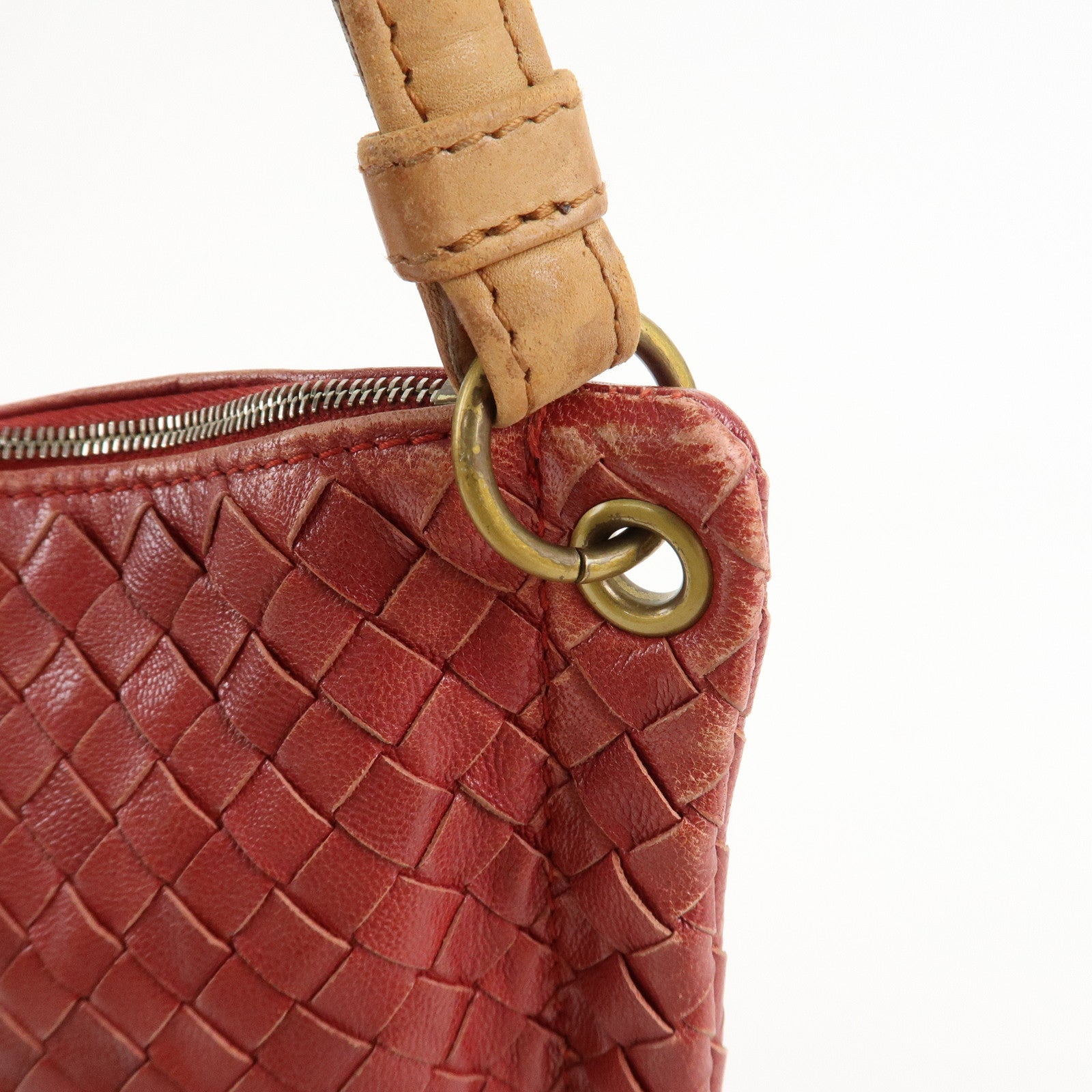 BOTTEGA VENETA Intrecciato Leather Shoulder Bag Red Beige 210236 Used