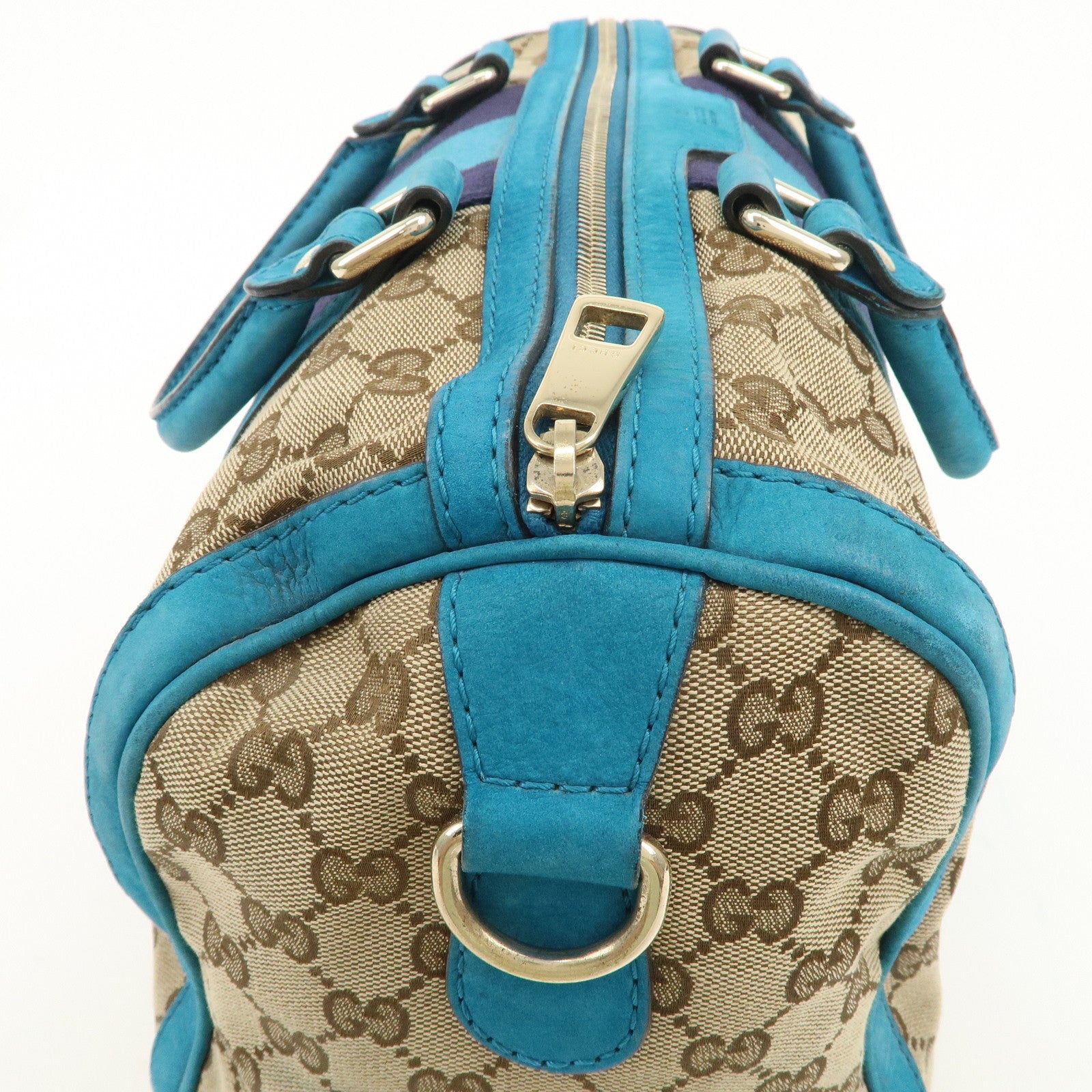 GUCCI Sherry GG Canvas Leather Boston Bag Beige Blue 247205