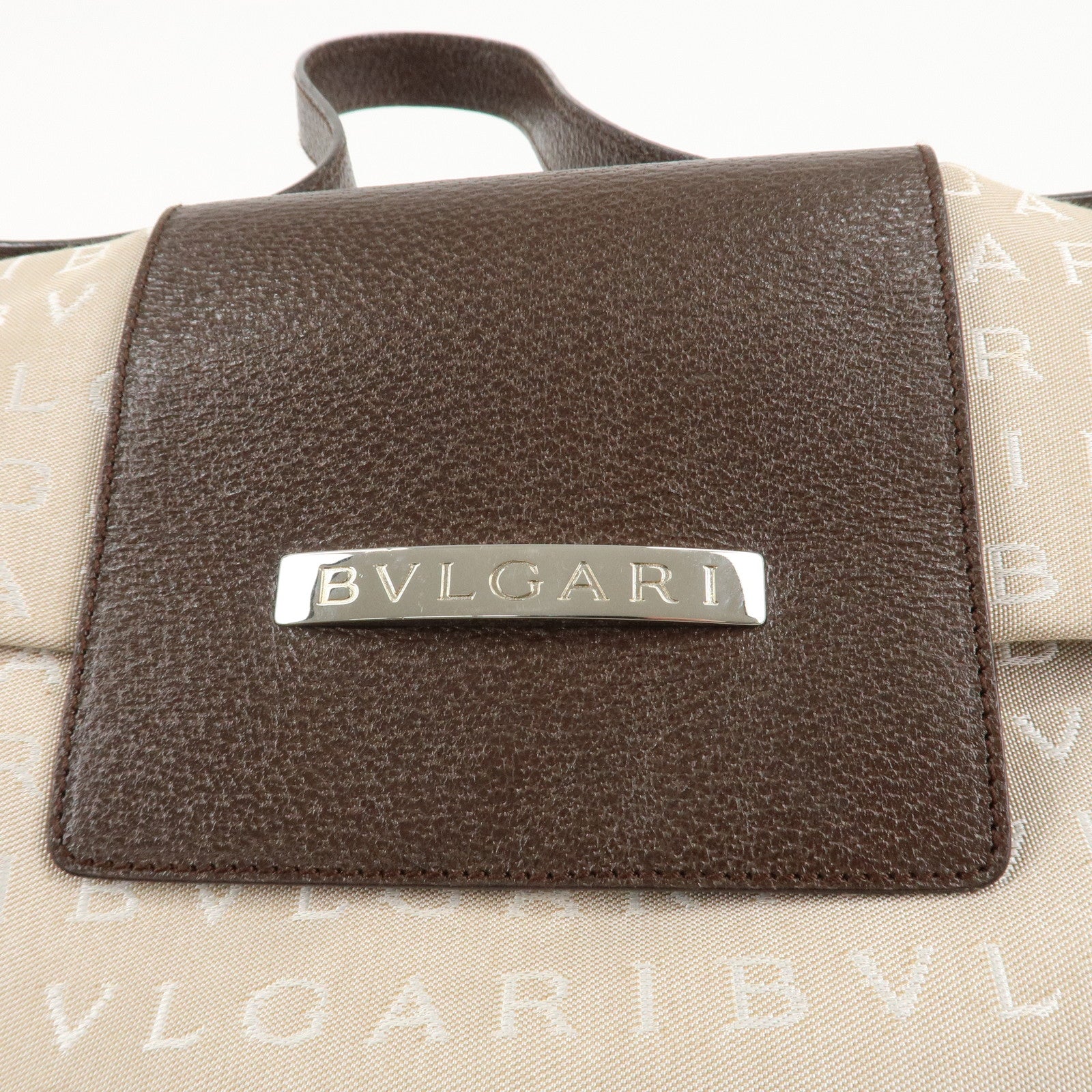 BVLGARI Logo Mania Canvas Leather Hand Bag Shoulder Bag Beige