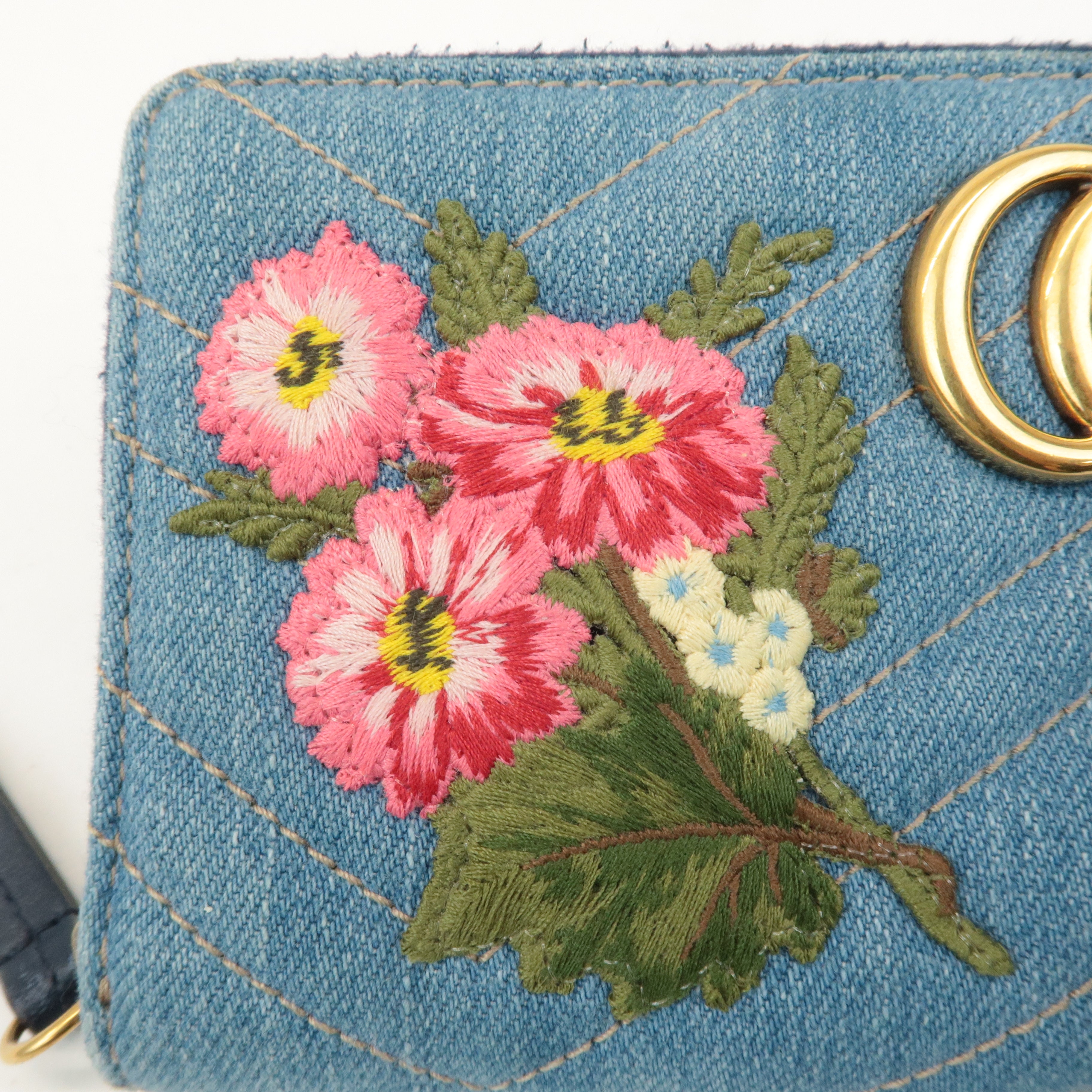 GUCCI GG Marmont Denim Zip Around Wallet Floral Pattern 443123