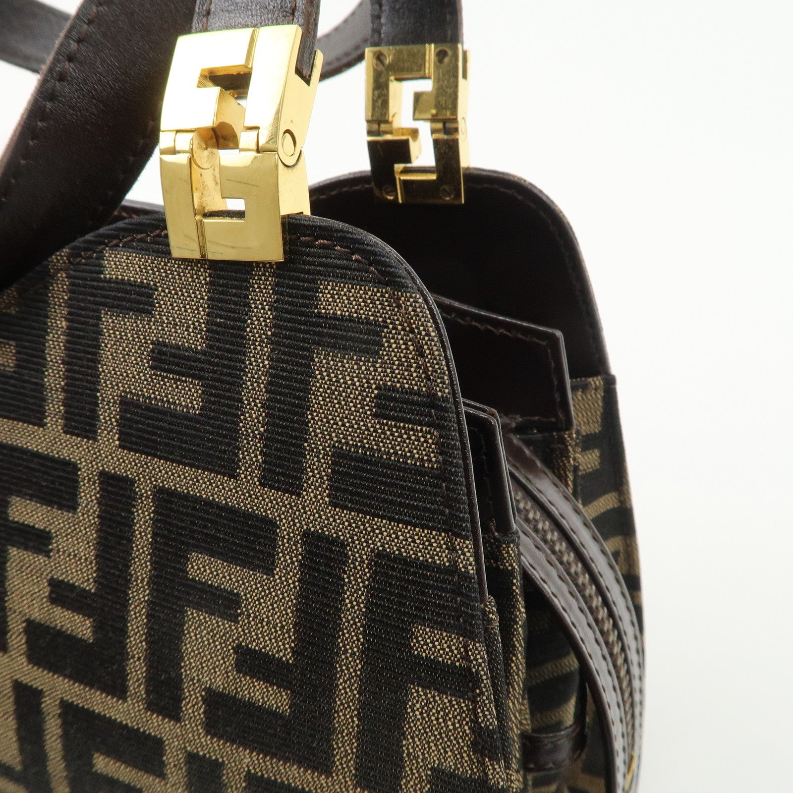 FENDI Zucca Canvas Leather Tote Bag Brown Black Gold Hardware