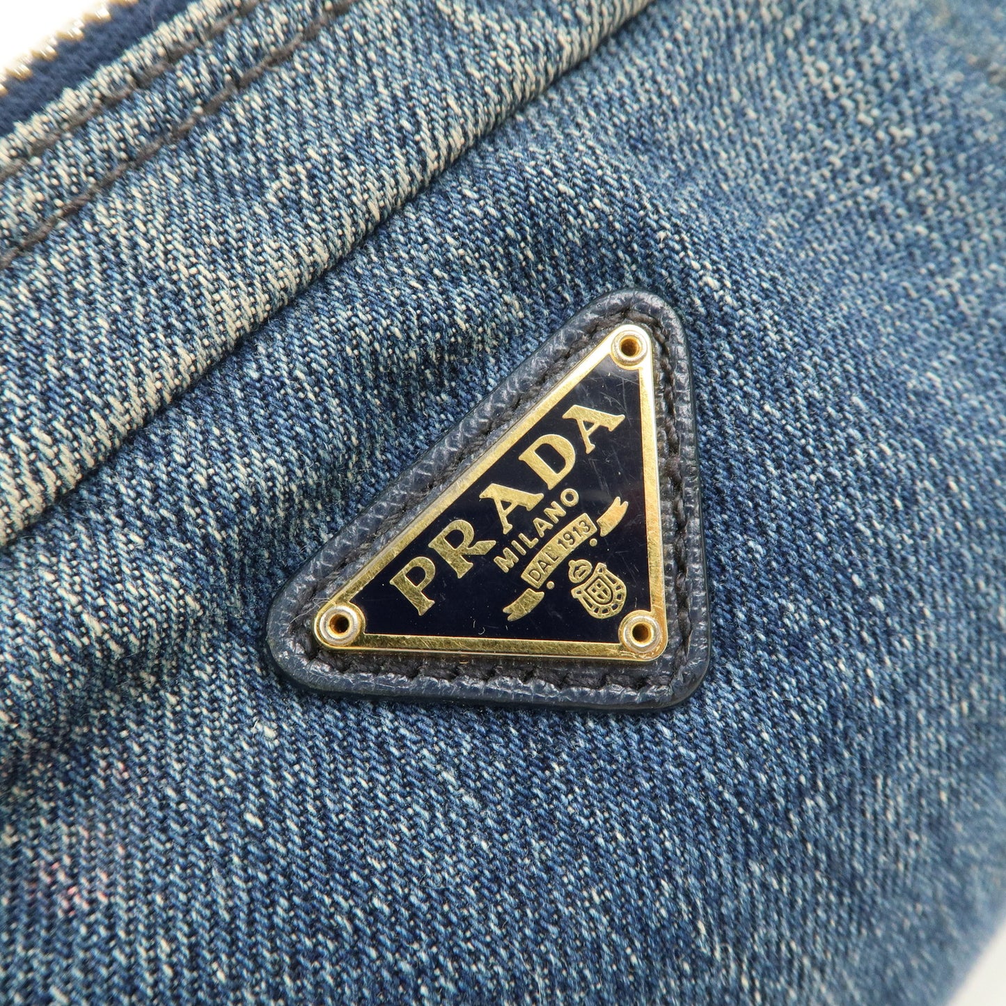 PRADA Triangle Logo Denim Pouch Cosmetic Pouch Blue Gold Hardware