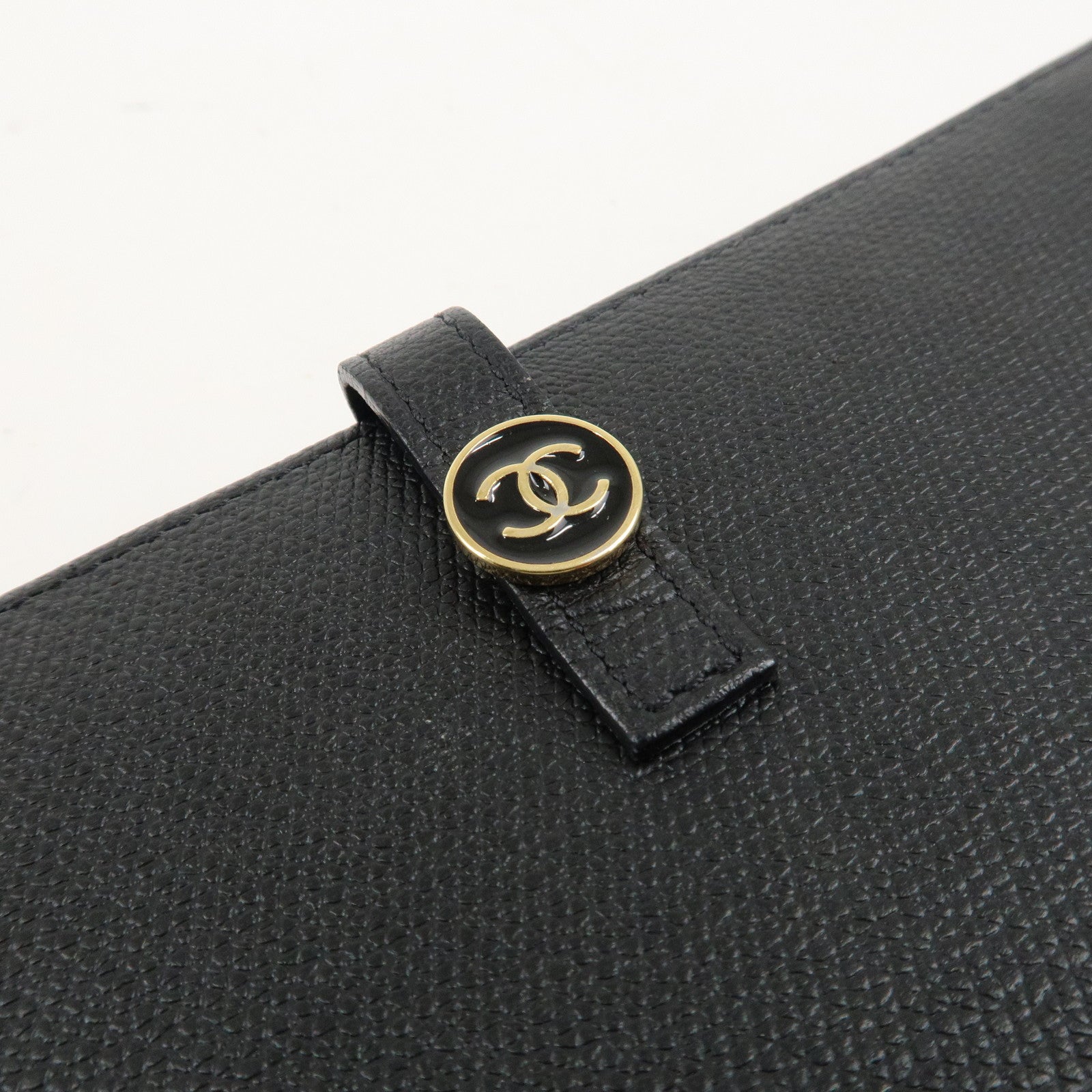 CHANEL Leather Coco Mark Double Hook Long Wallet Black Gold HDW