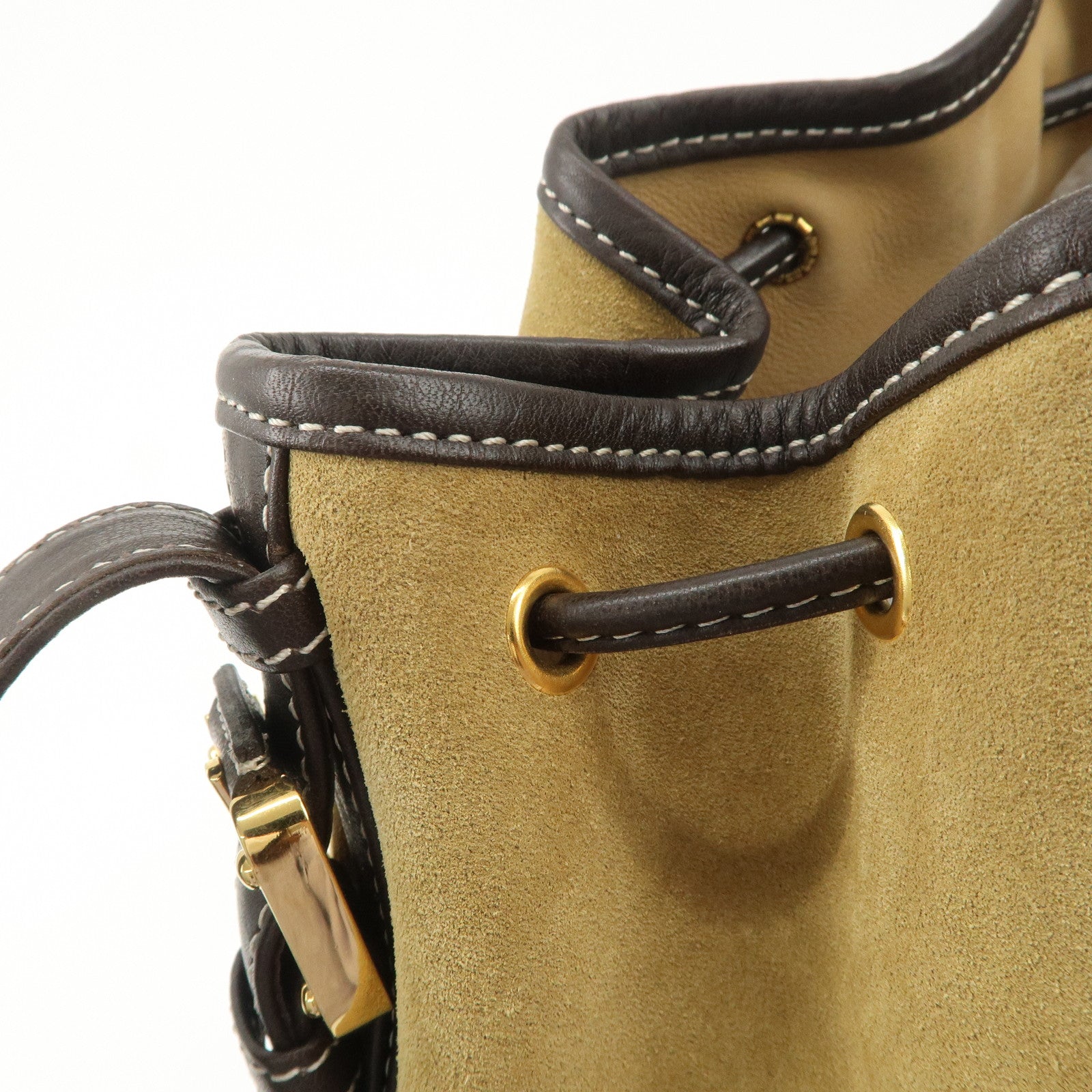 LOEWE Anagram Suede Leather Drawstring Shoulder Bag Beige Brown Used