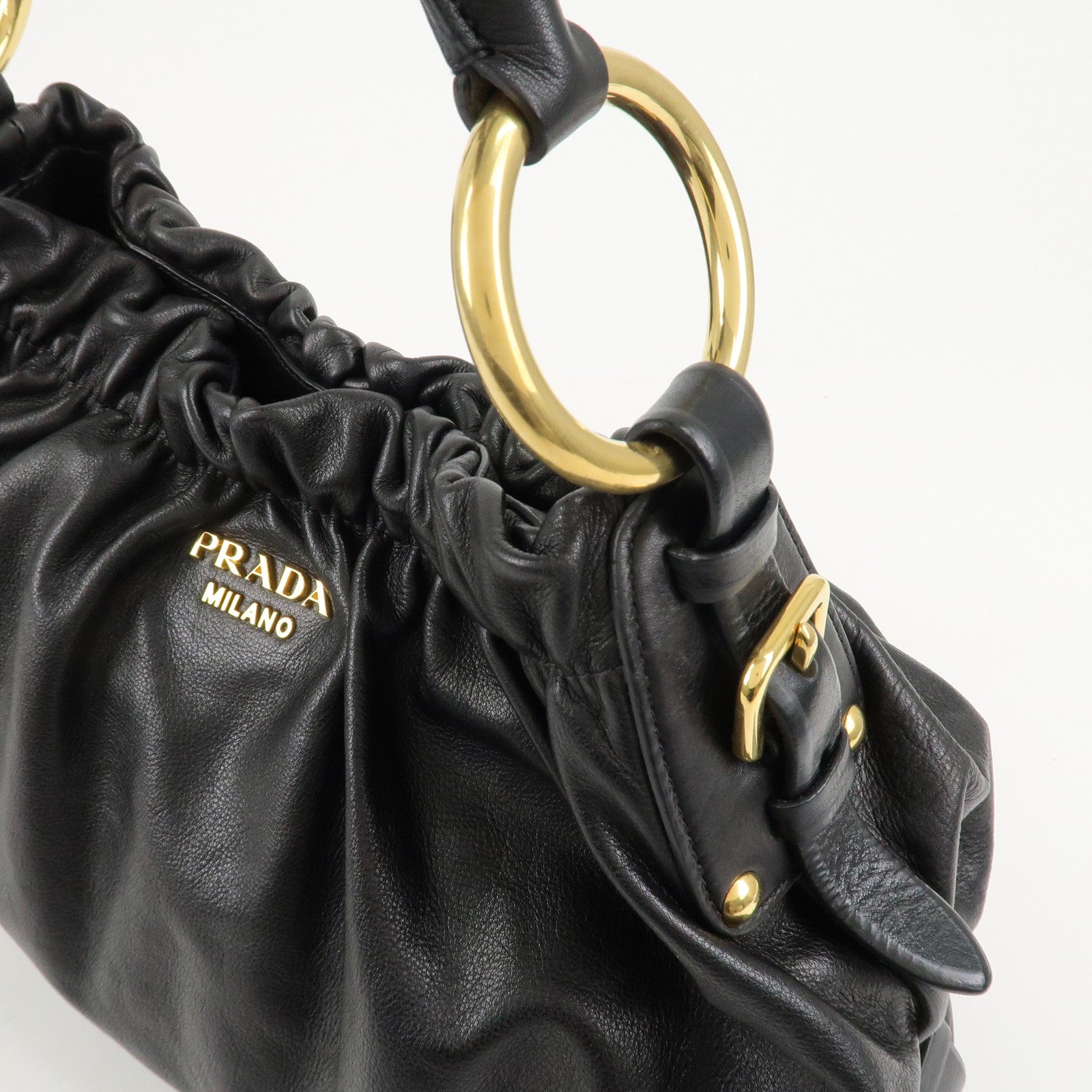 PRADA Nylon Leather Gathered One Shoulder Bag Black Gold HDW