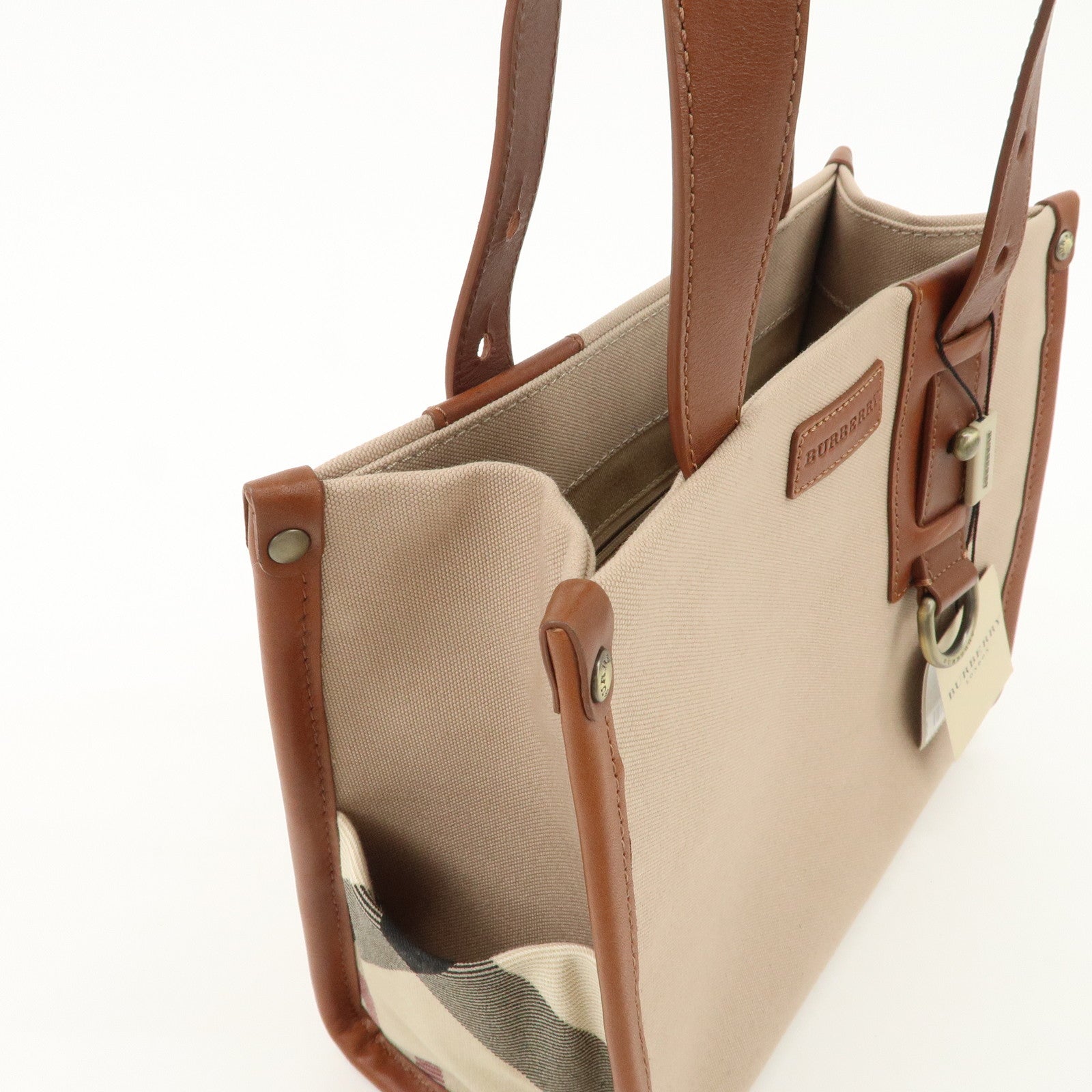 BURBERRY Leather Canvas Tote Bag Hand Bag Beige Brown