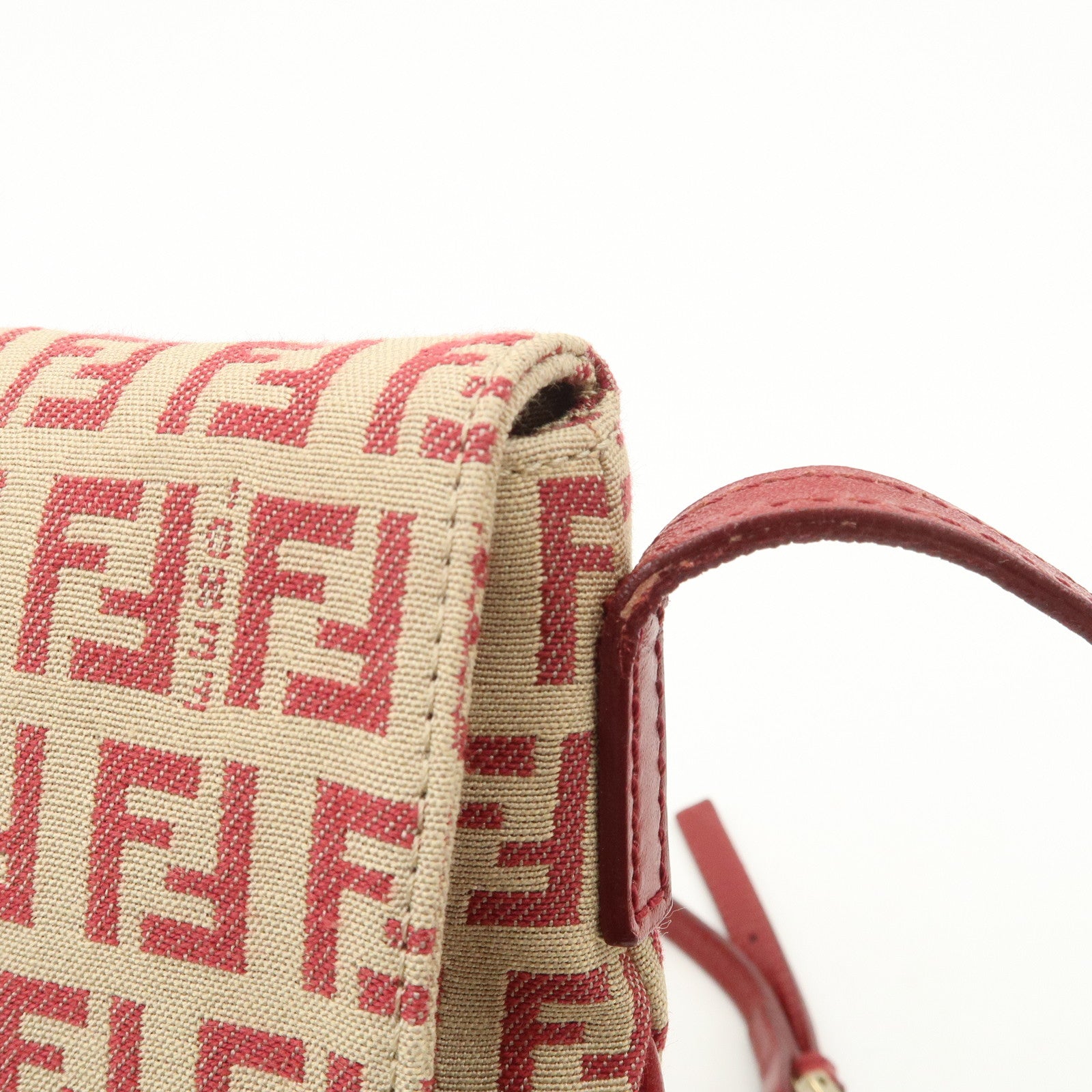 FENDI Zucchino Canvas Leather Shoulder Bag Beige Red 8BT075 Used