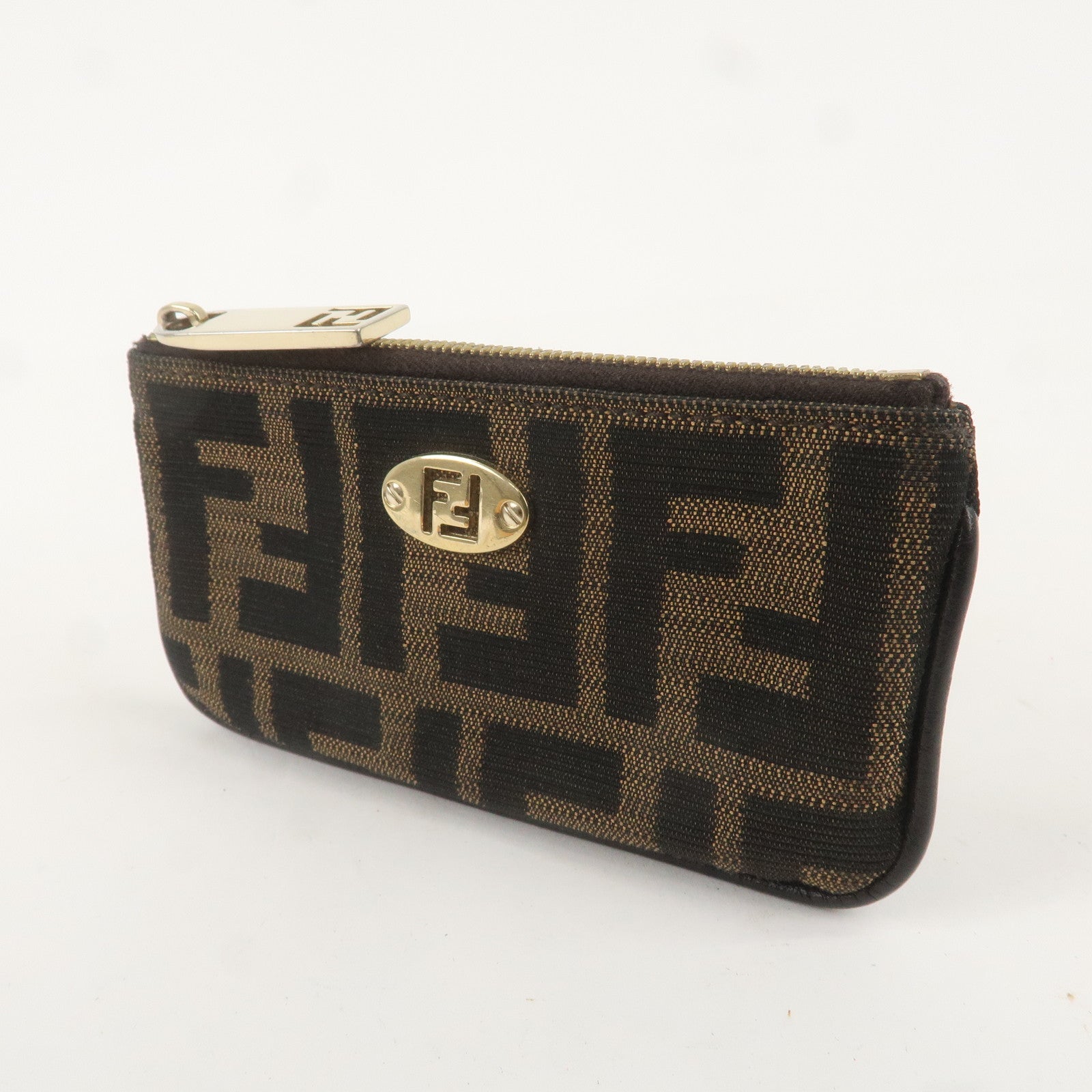 FENDI Set of 2 Zucca Canvas Leather Wallet & Coin Case Brown Black