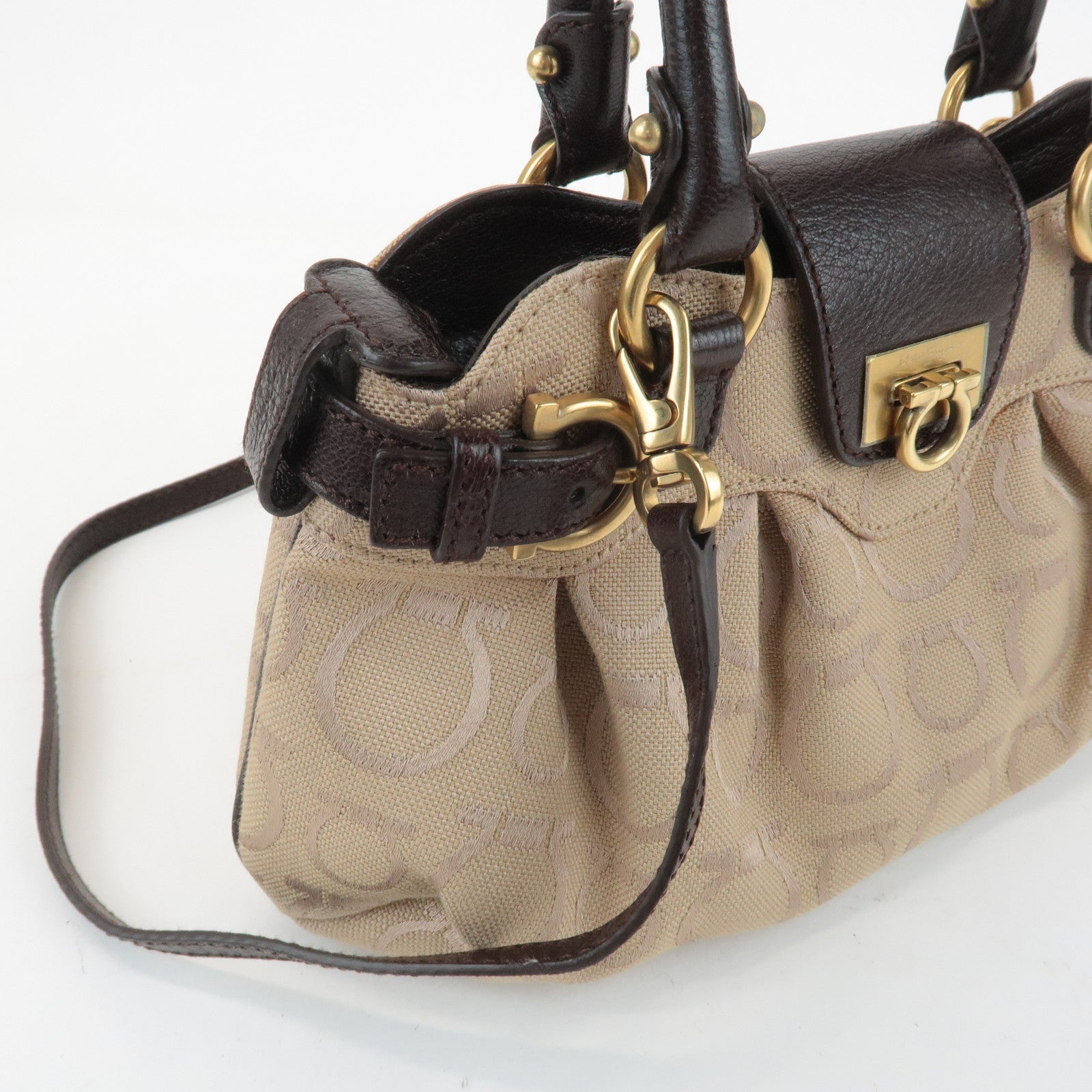 Ferragamo Gancini Canvas Leather 2Way Bag Beige Dark Brown Used