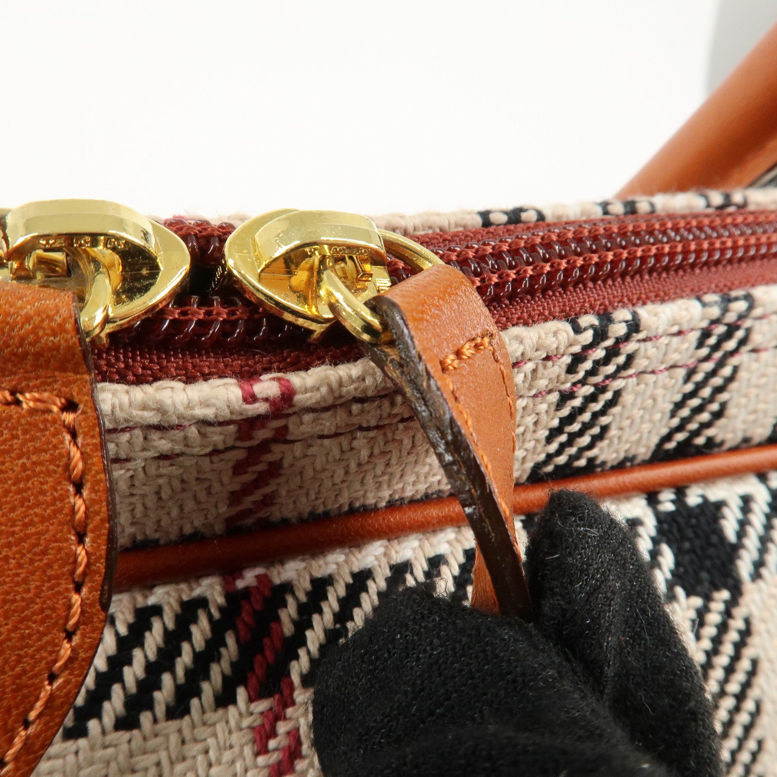 BURBERRY Leather Hand Bag Boston Bag Nova Plaid Brown Used
