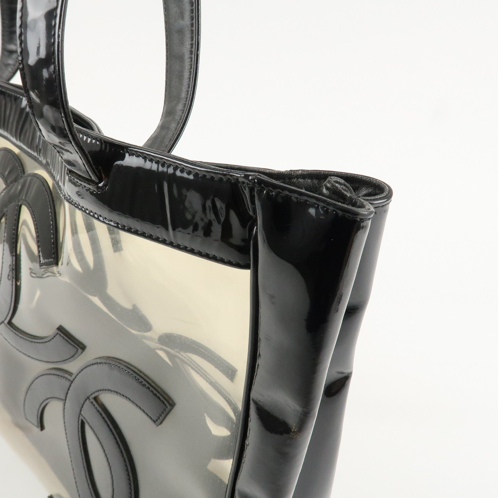 CHANEL PVC Patent Leather Vinyl Triple COCO Mark Tote Bag Black Used