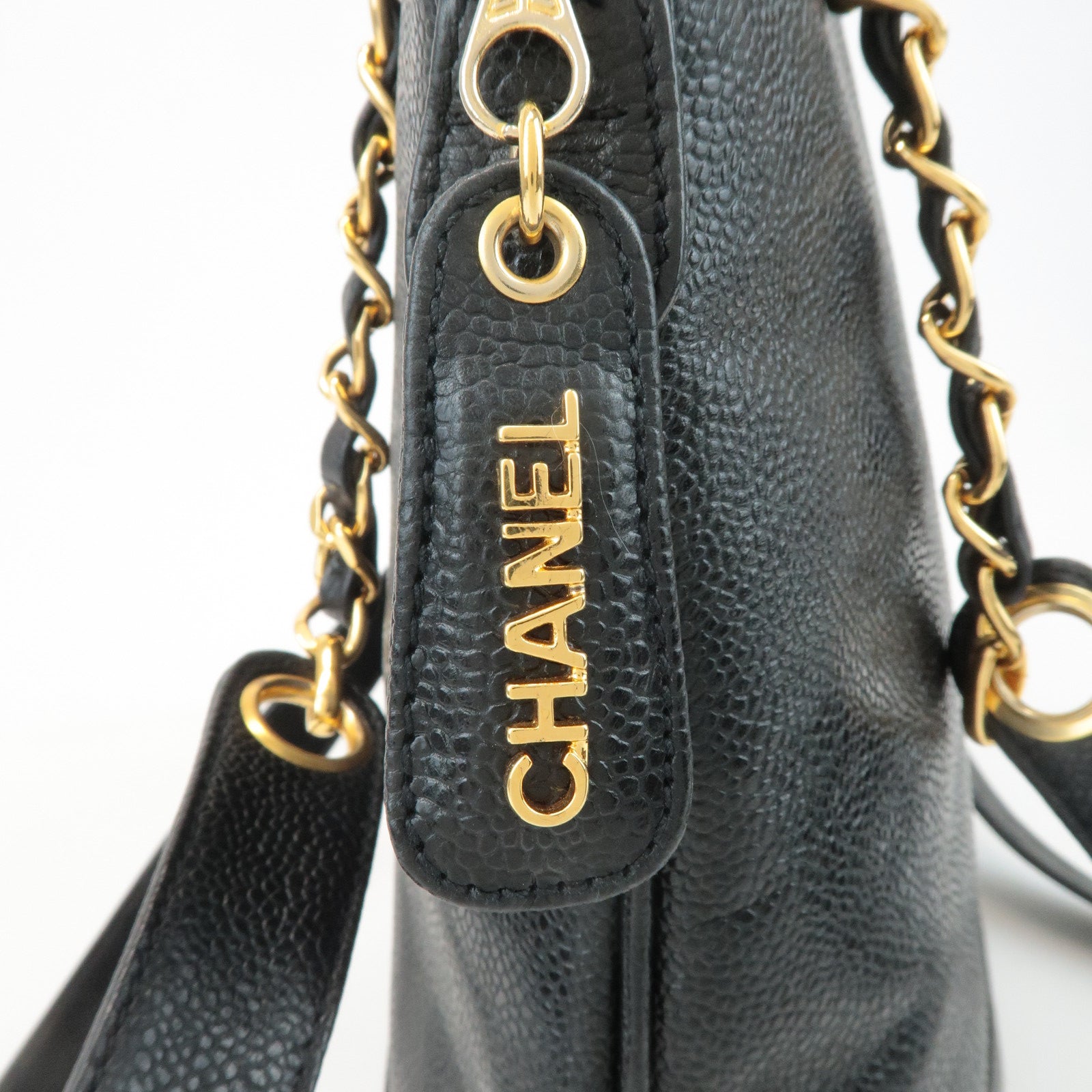 CHANEL Triple COCO Caviar Skin Chain Tote Bag Shoulder Bag Black Used