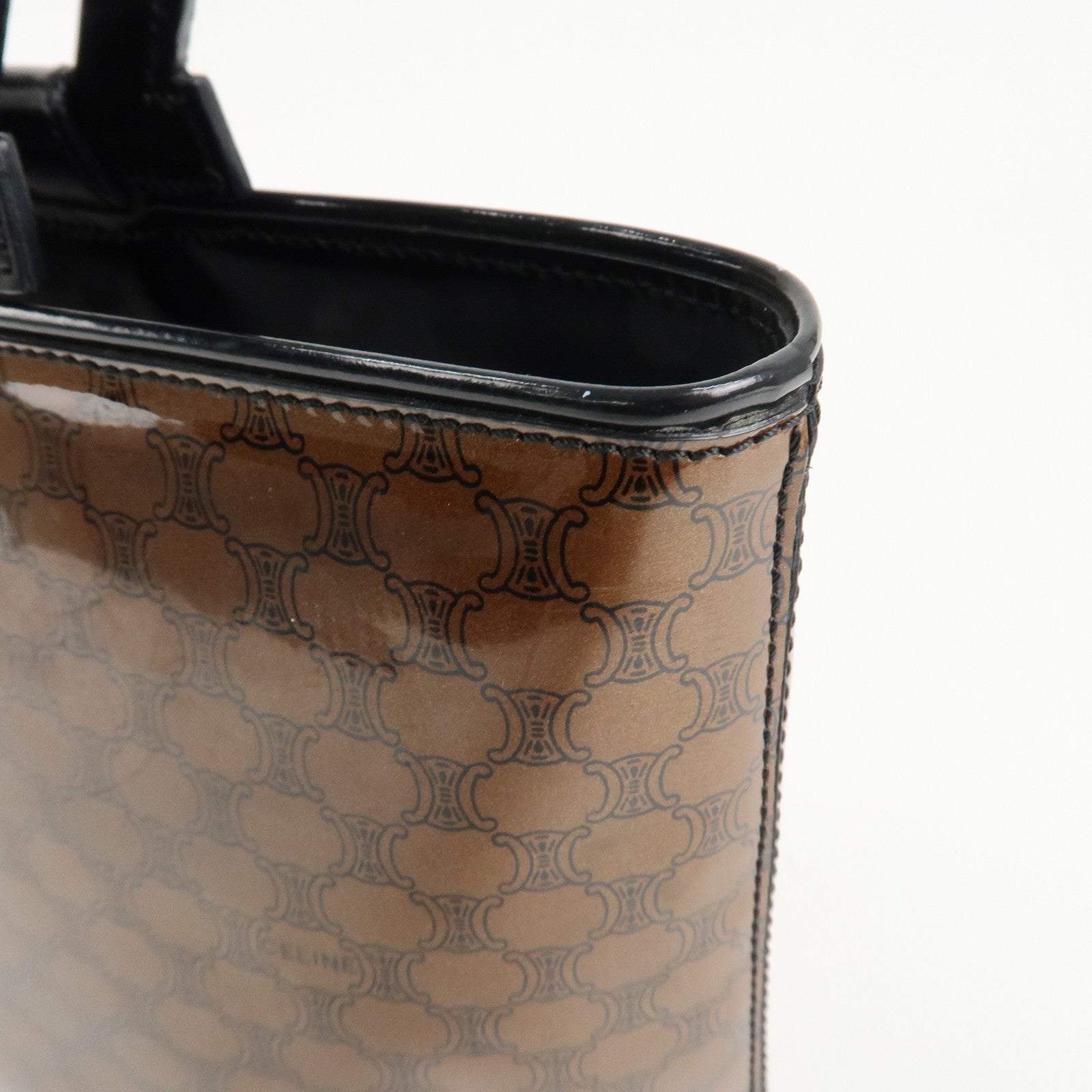 CELINE Macadam Patent Leather Mini Tote Bag Hand Bag Brown Black Used