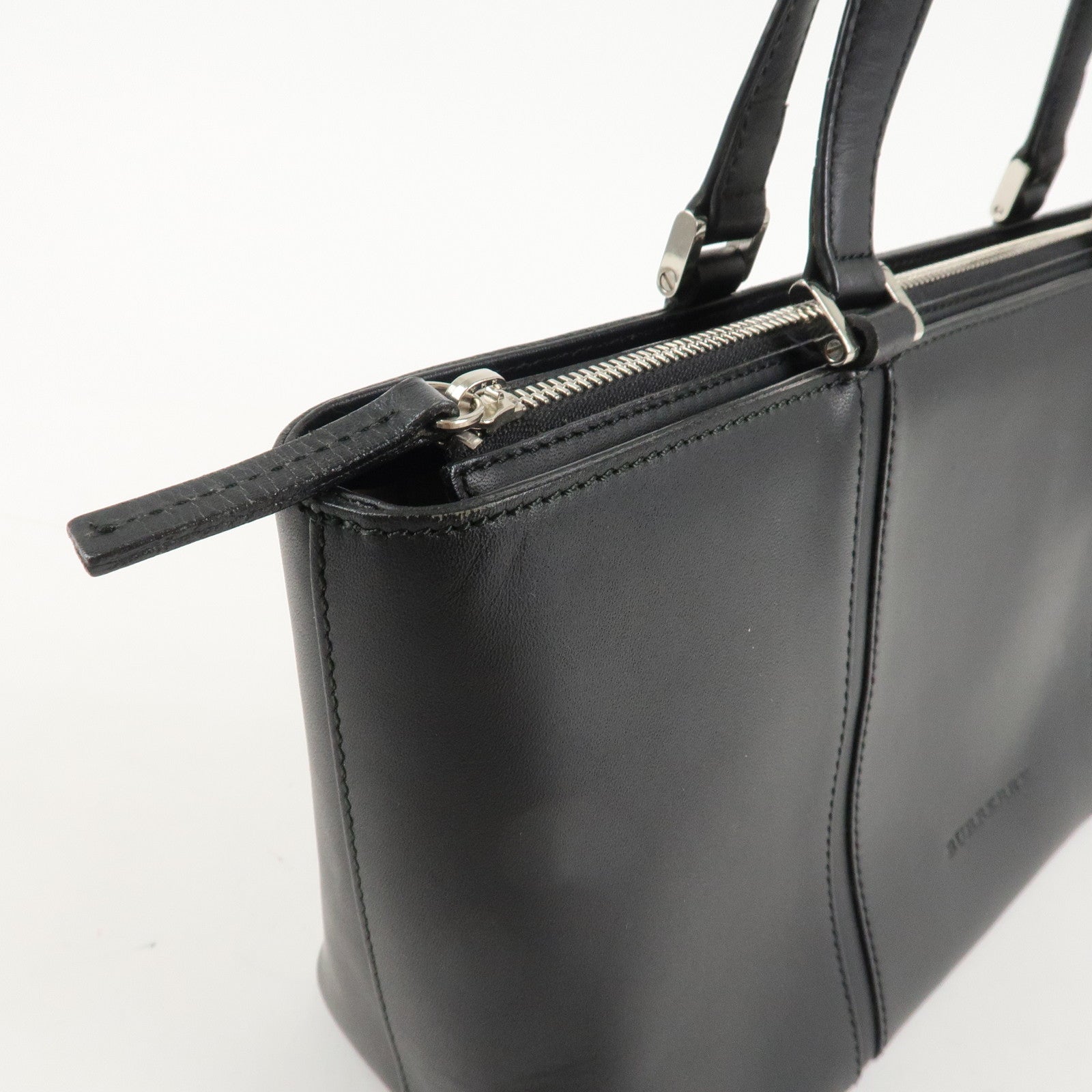 BURBERRY Leather Tote Bag Hand Bag Black Silver Hardware