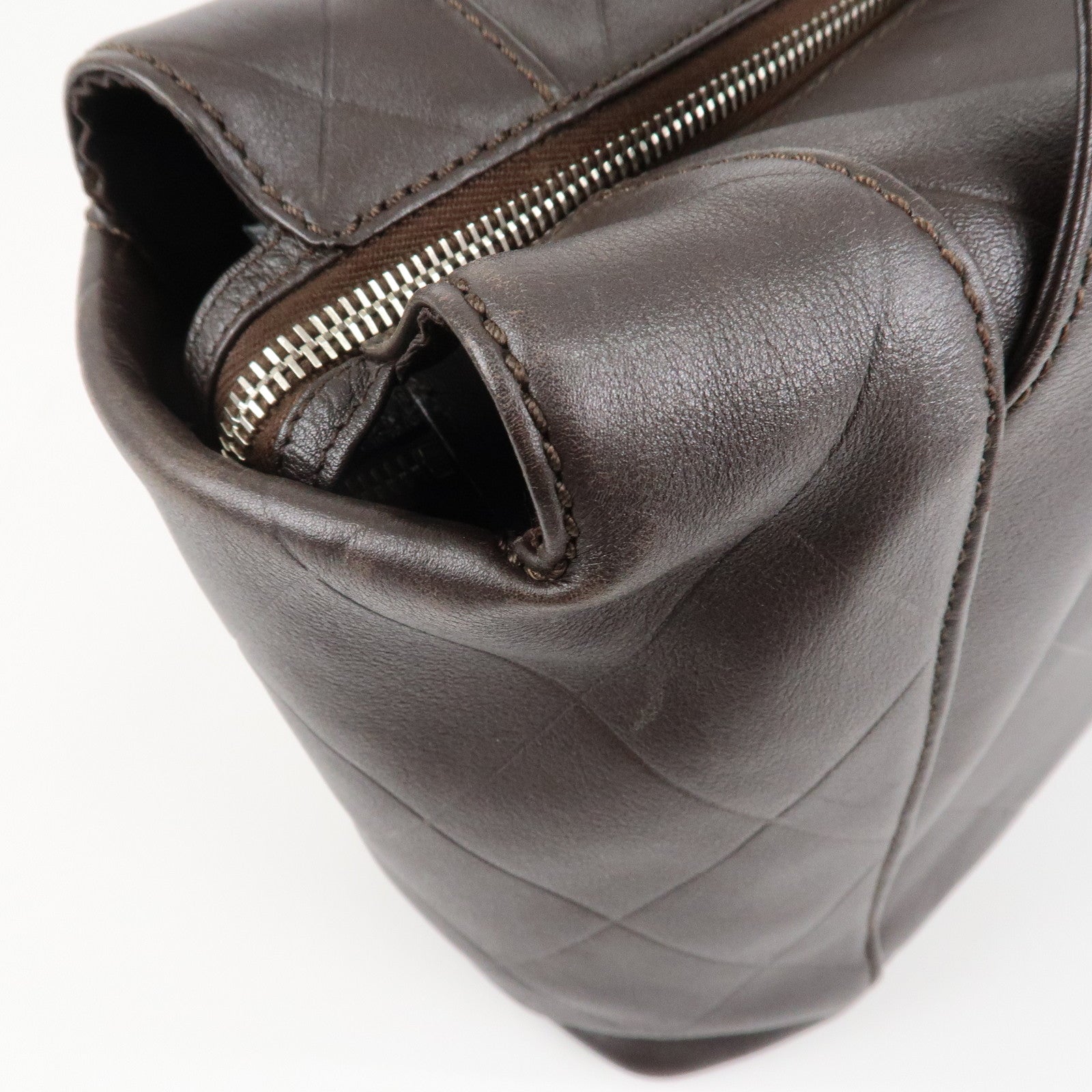 CHANEL COCO Mark Shevron Lamb Skin V Stich Tote Bag Dark Brown Used