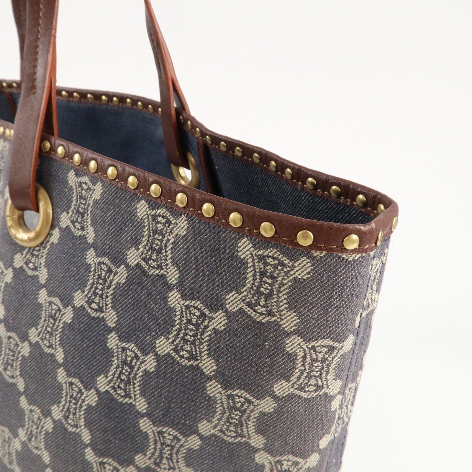 CELINE Macadam Denim Leather Studs Tote Bag Navy Brown Used