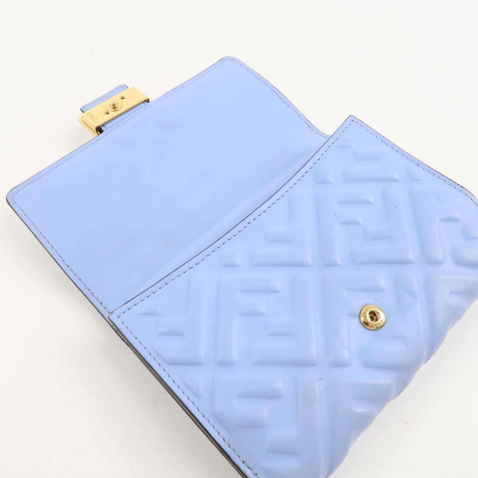 FENDI Leather Embossed Bi-fold Wallet Light Blue 8M0419