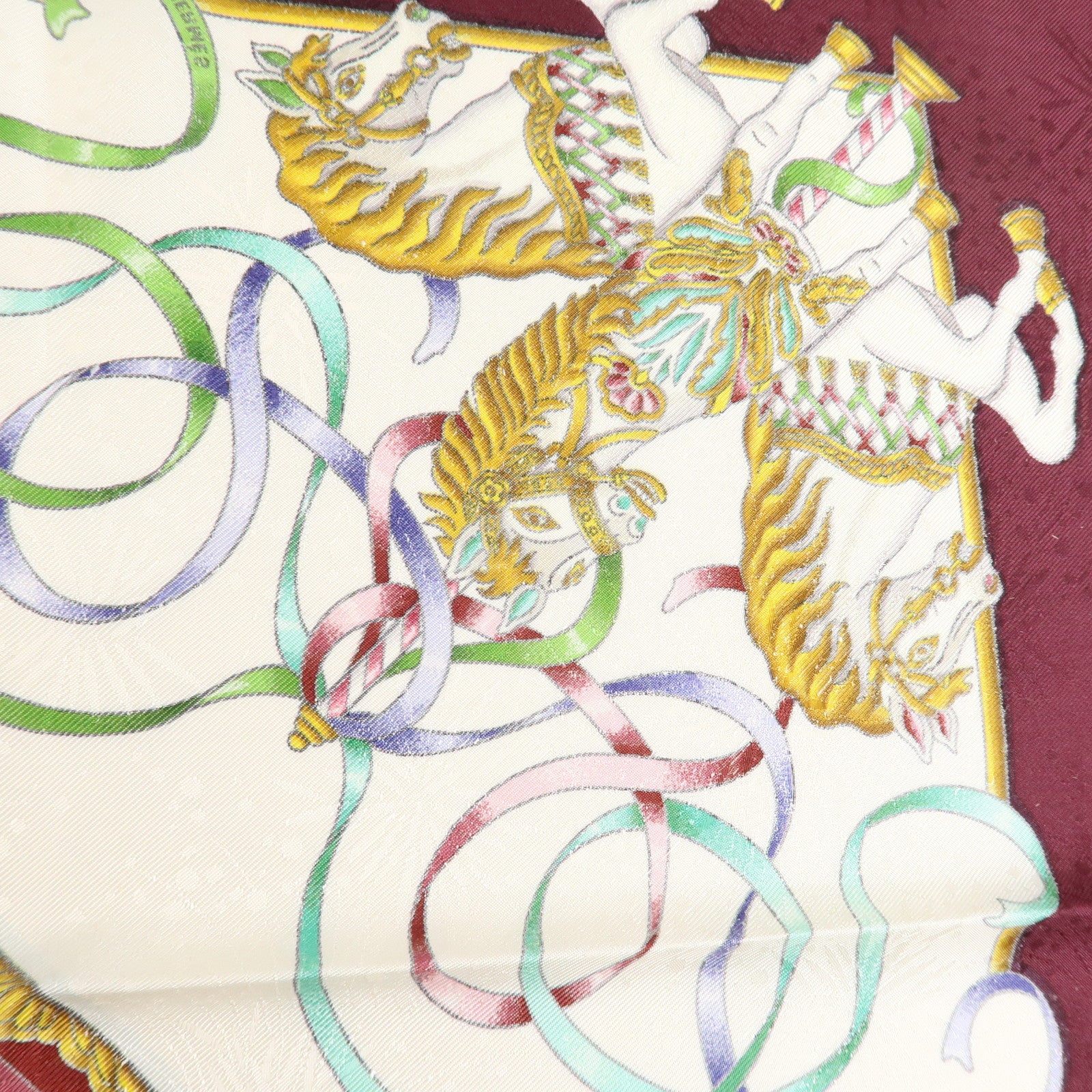 HERMES Carre 90 Silk 100% Scarf LUNA PARK Wine Red White Yellow Used