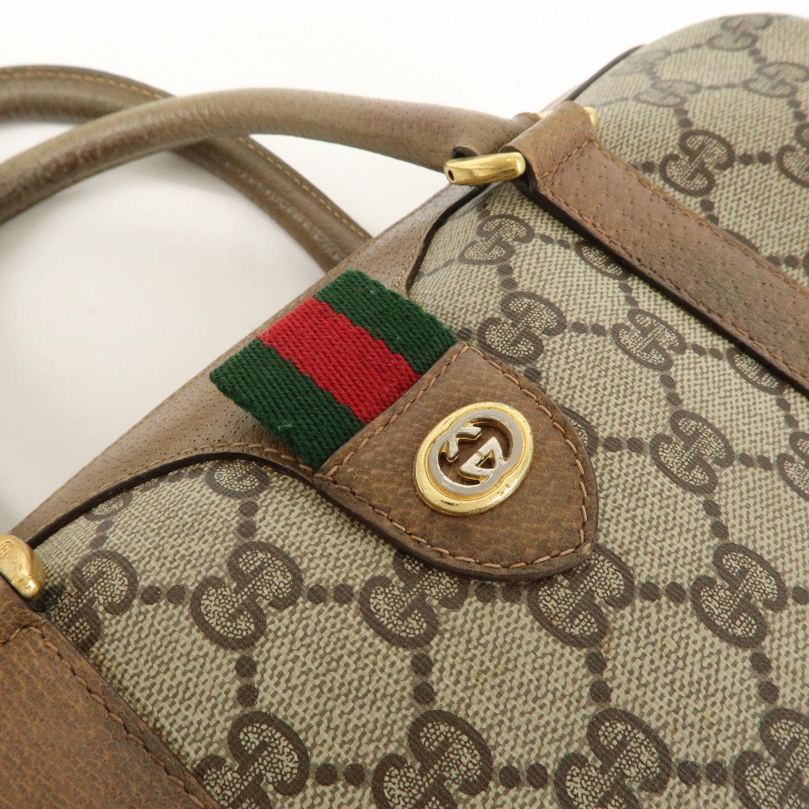 GUCCI Old Gucci Sherry GG Plus Leather Boston Bag Beige Brown