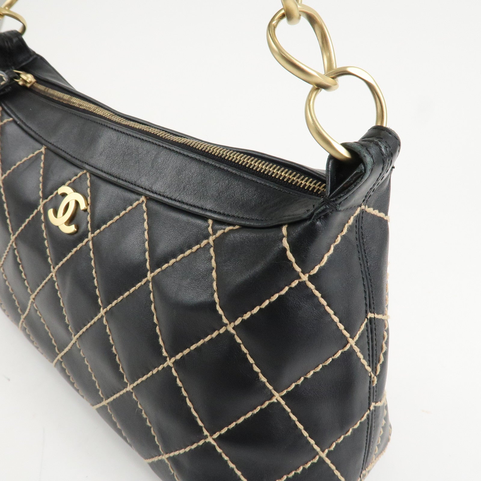 CHANEL Wild Stitch Lamb Skin Shoulder Bag Hand Bag Black A20663 Used