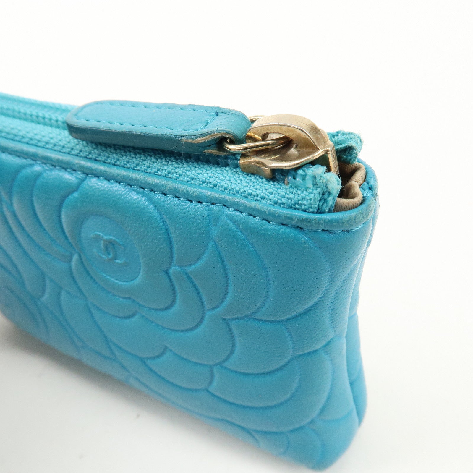 CHANEL Camellia Coco Mark Lamb Skin Coin Case Blue A50090