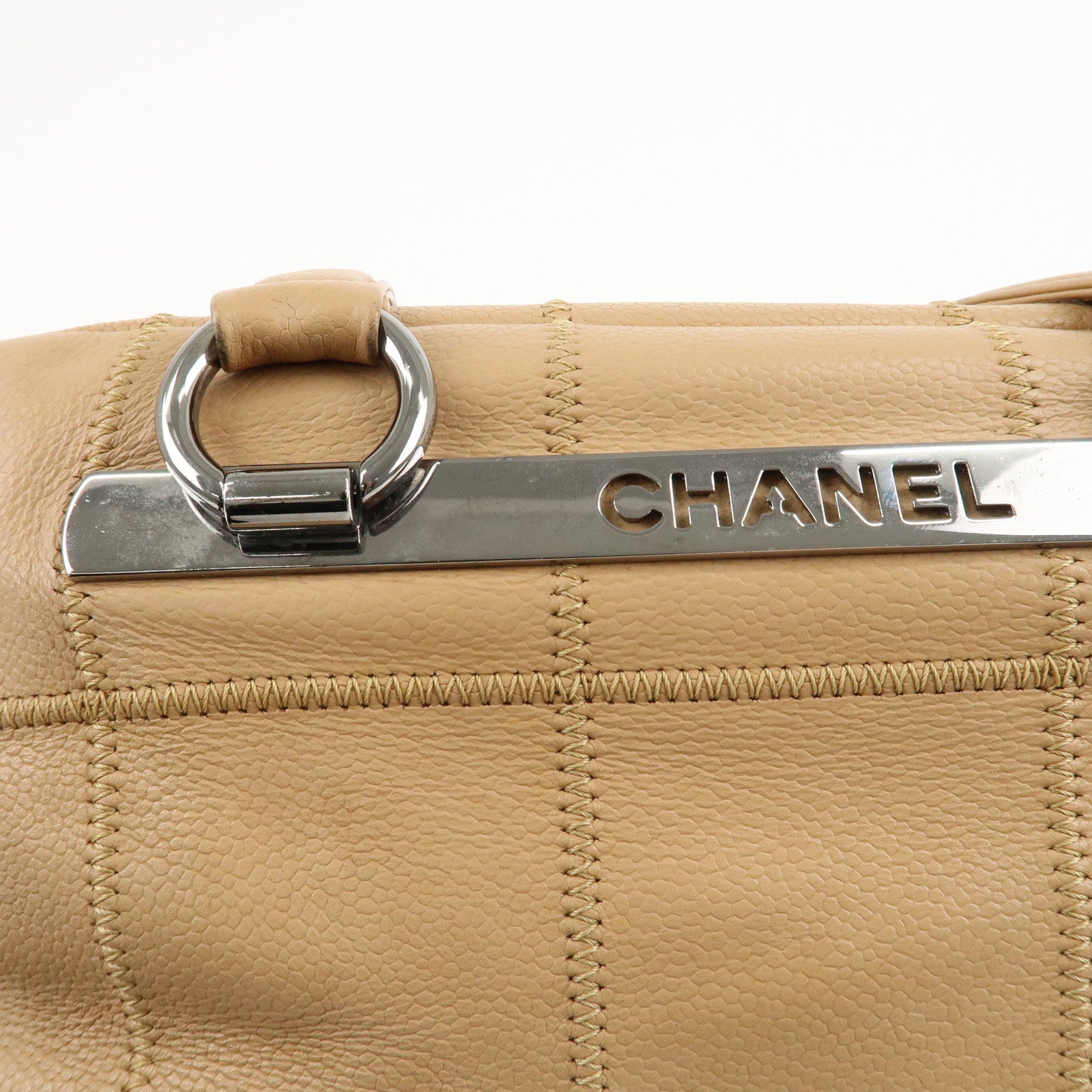 CHANEL Chocolate Bar Caviar Skin Mini Boston Bag Beige A26135