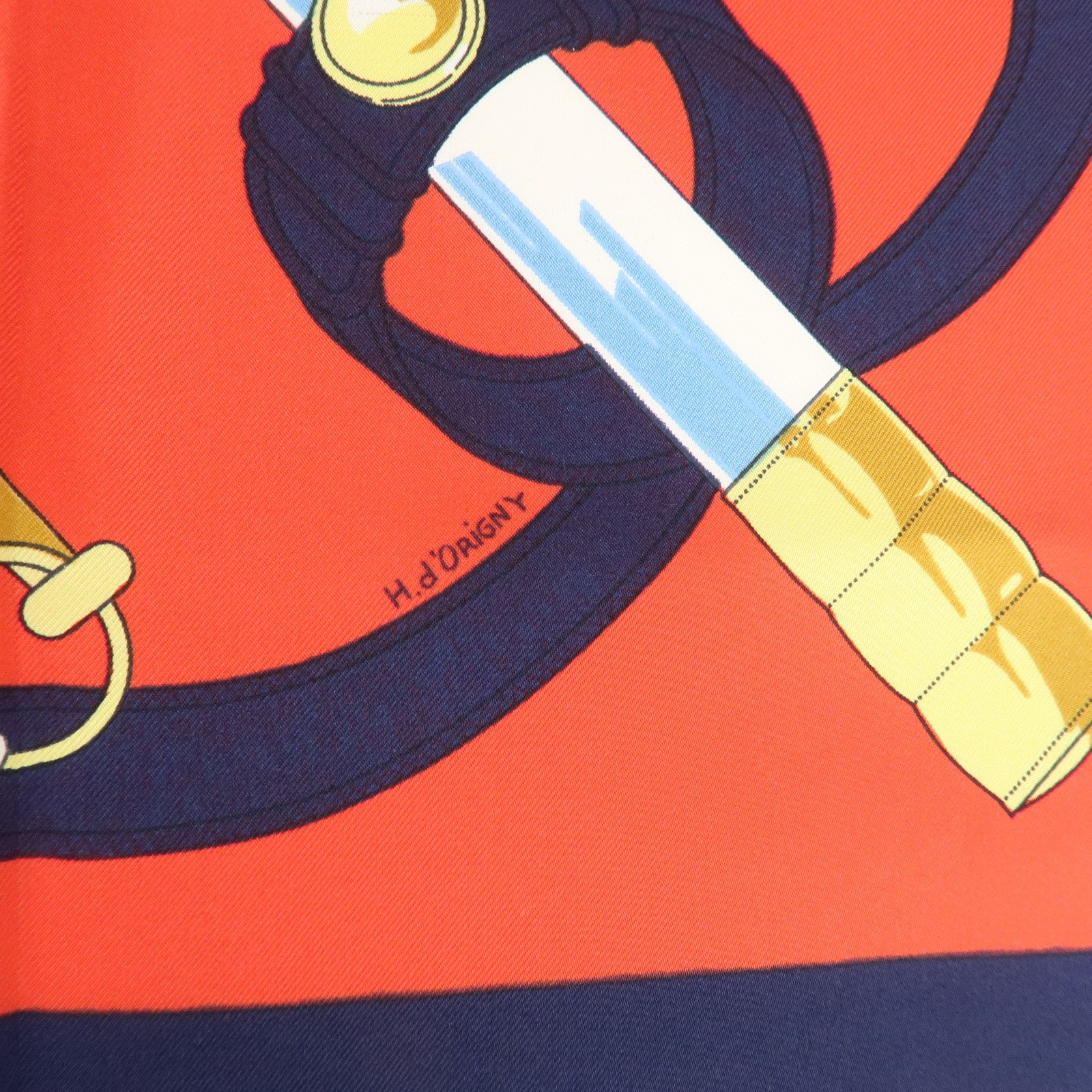 HERMES Carre 90 100% Silk Scarf Eperon d'or Red Navy Gold Used