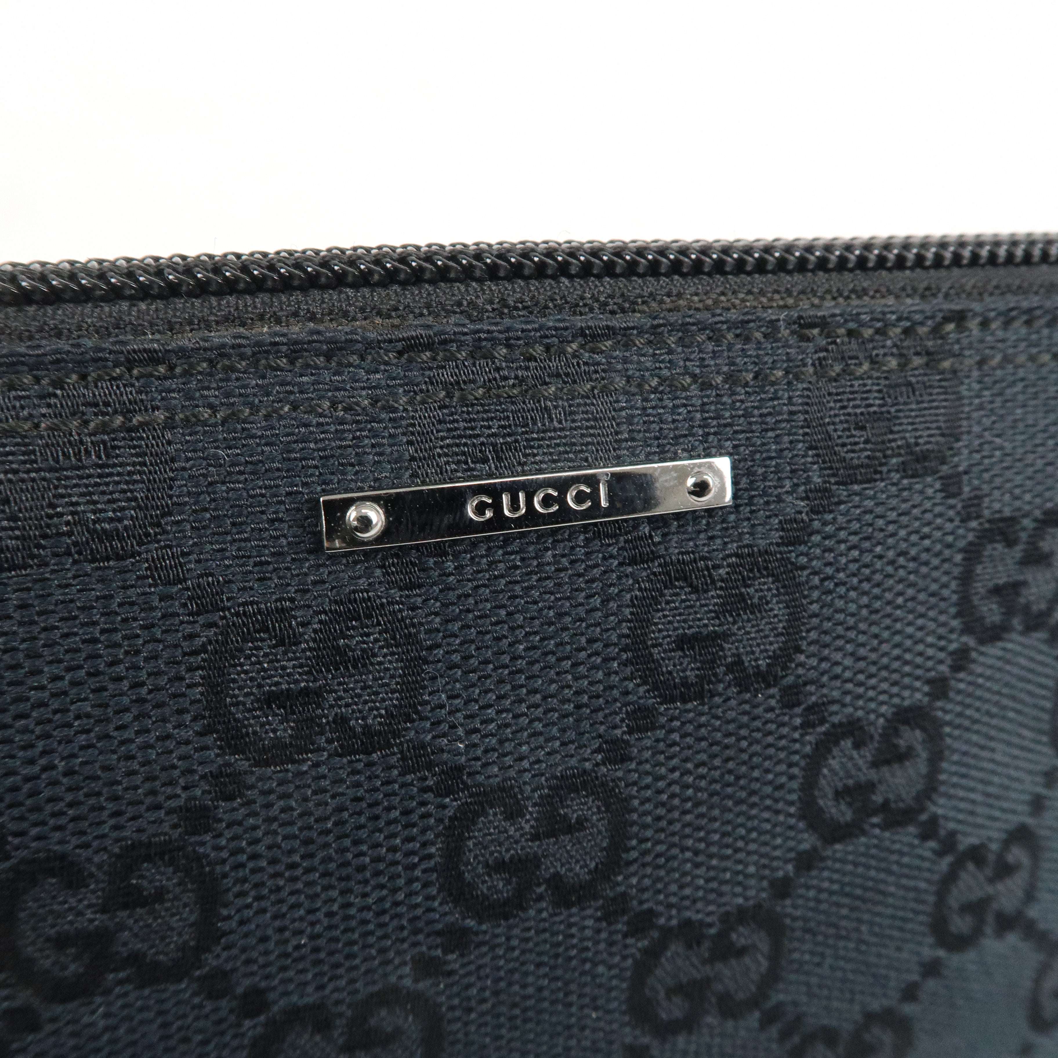 GUCCI Boat Bag Sherry GG Canvas Leather Pouch Black 141809