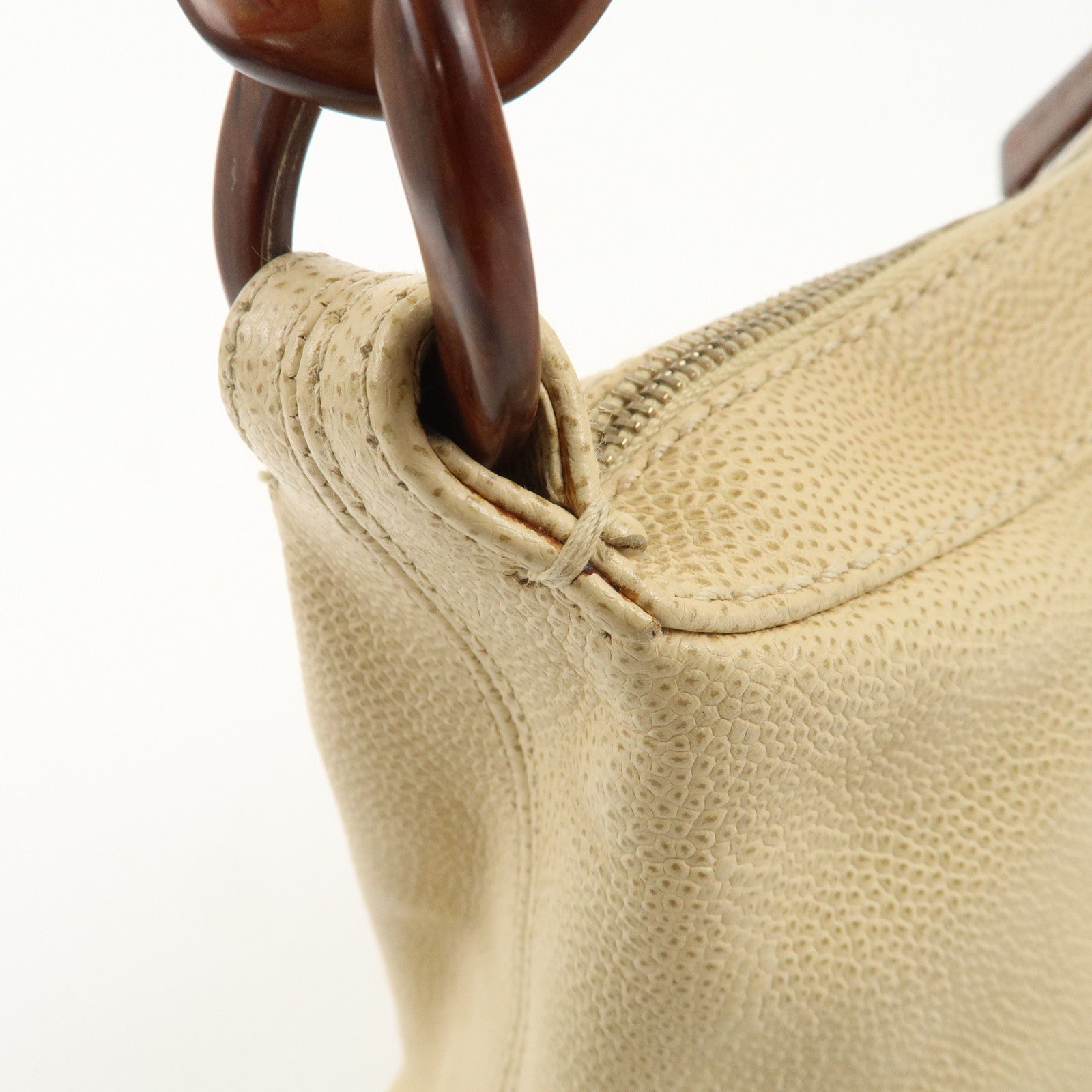 CHANEL Caviar Skin COCO Mark Wood Chain Shoulder Bag Beige Used